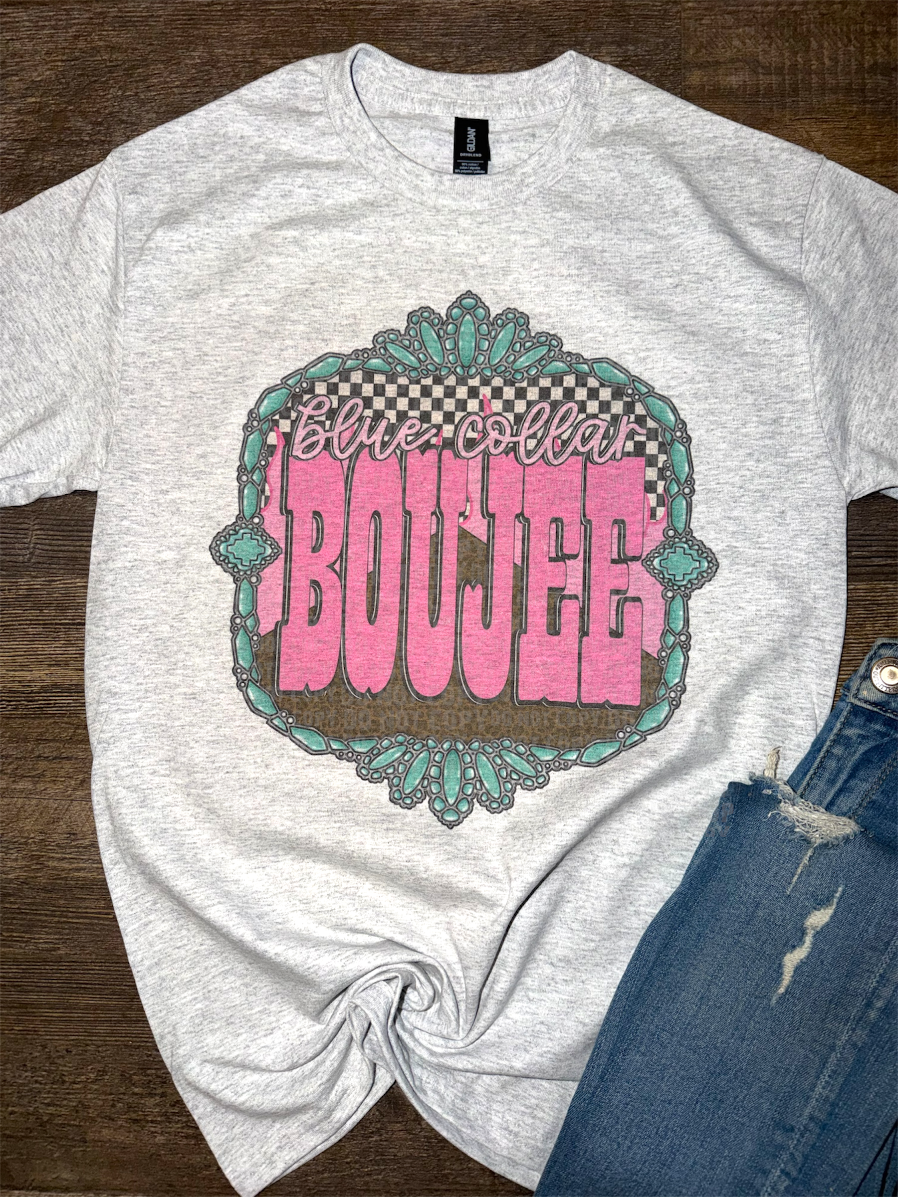 Leopard and Checkered Blue Collar Boujee Tee
