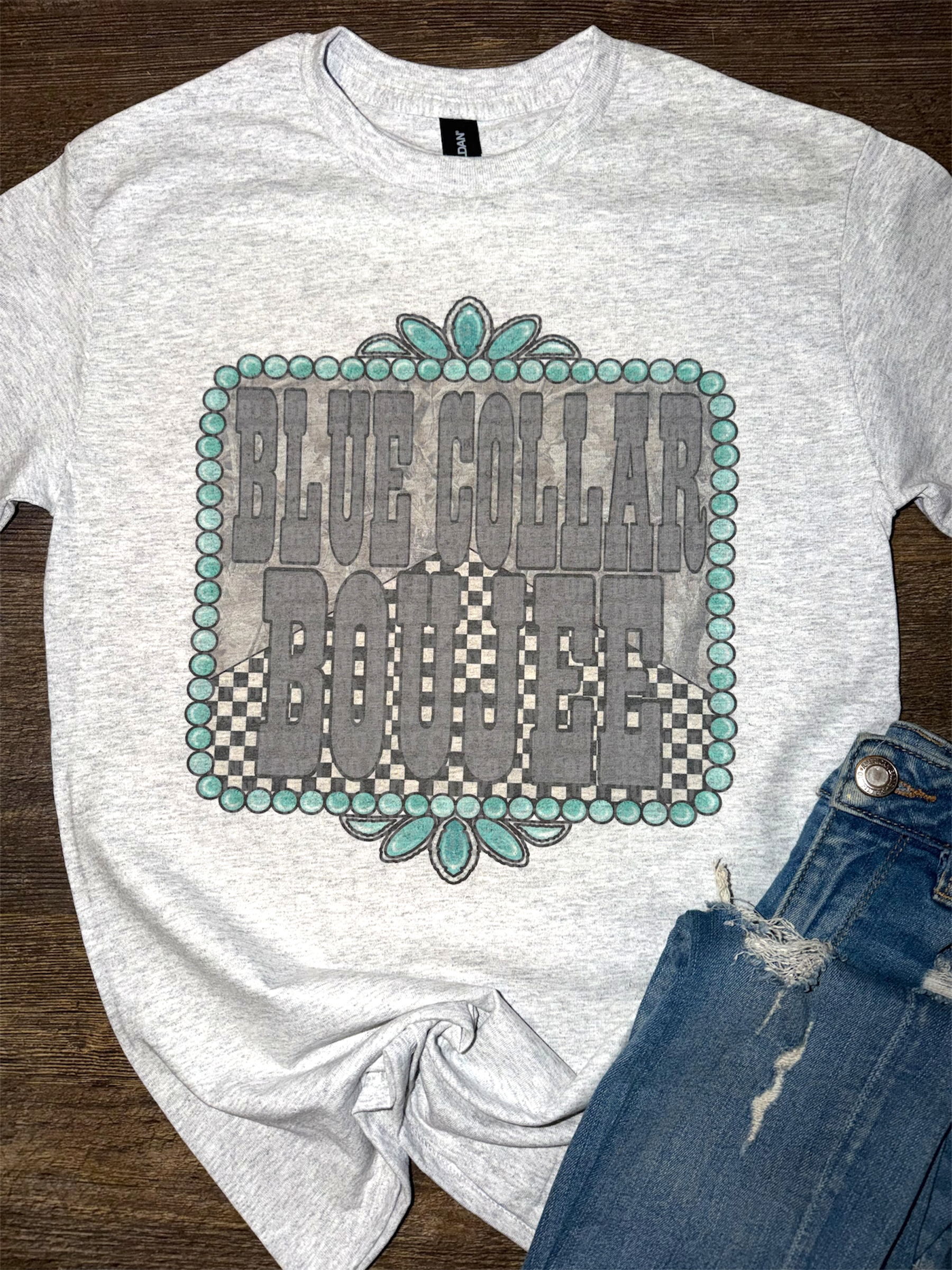 Camo and Checkered Blue Collar Boujee Tee