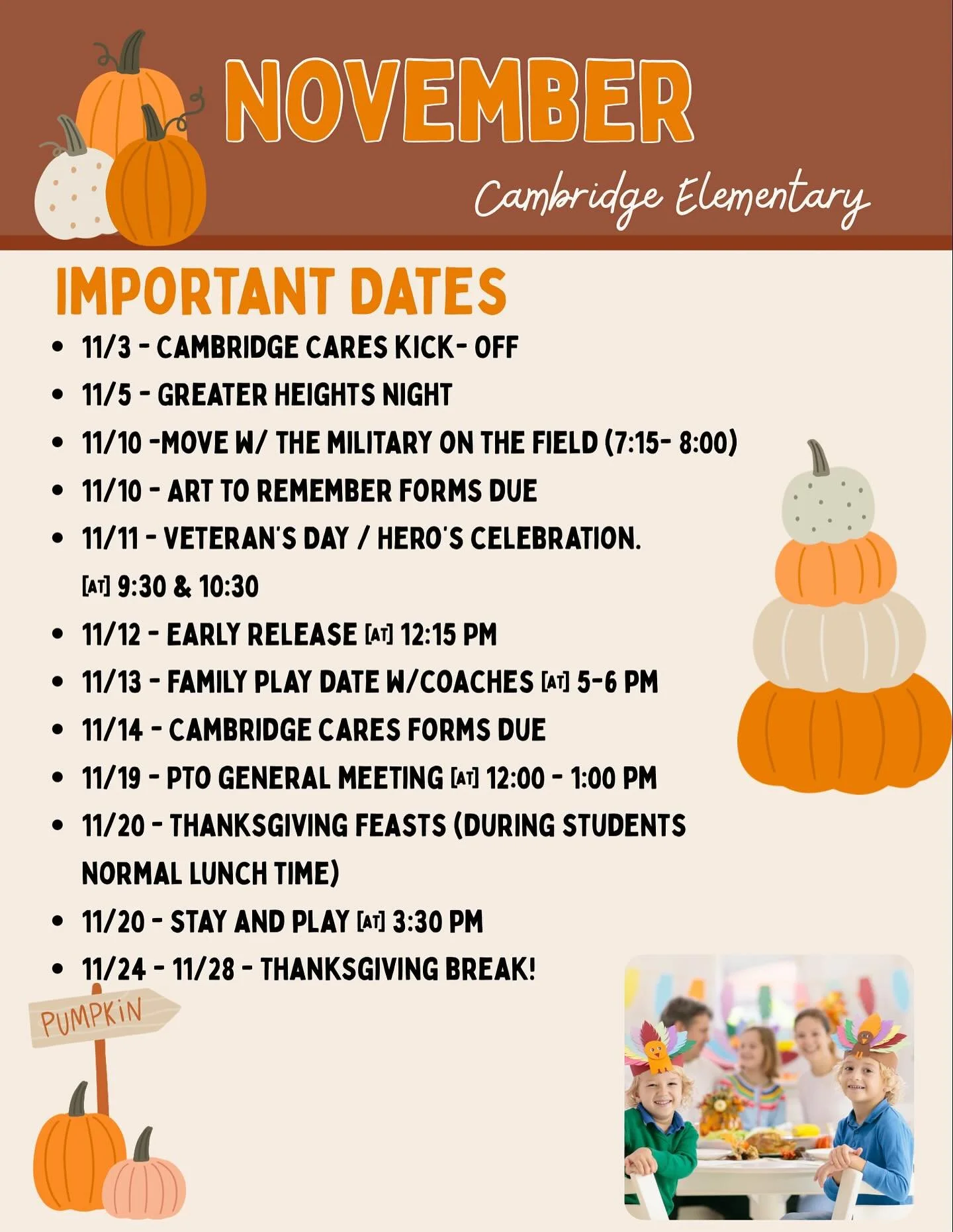 🍂Here&rsquo;s What&rsquo;s Coming Up in November! 🍁

Hello, parents! We are thrilled to share a sneak peek of the exciting events and activities lined up for next month. Get ready for a month filled with fun, learning, and community spirit! 

Stay 