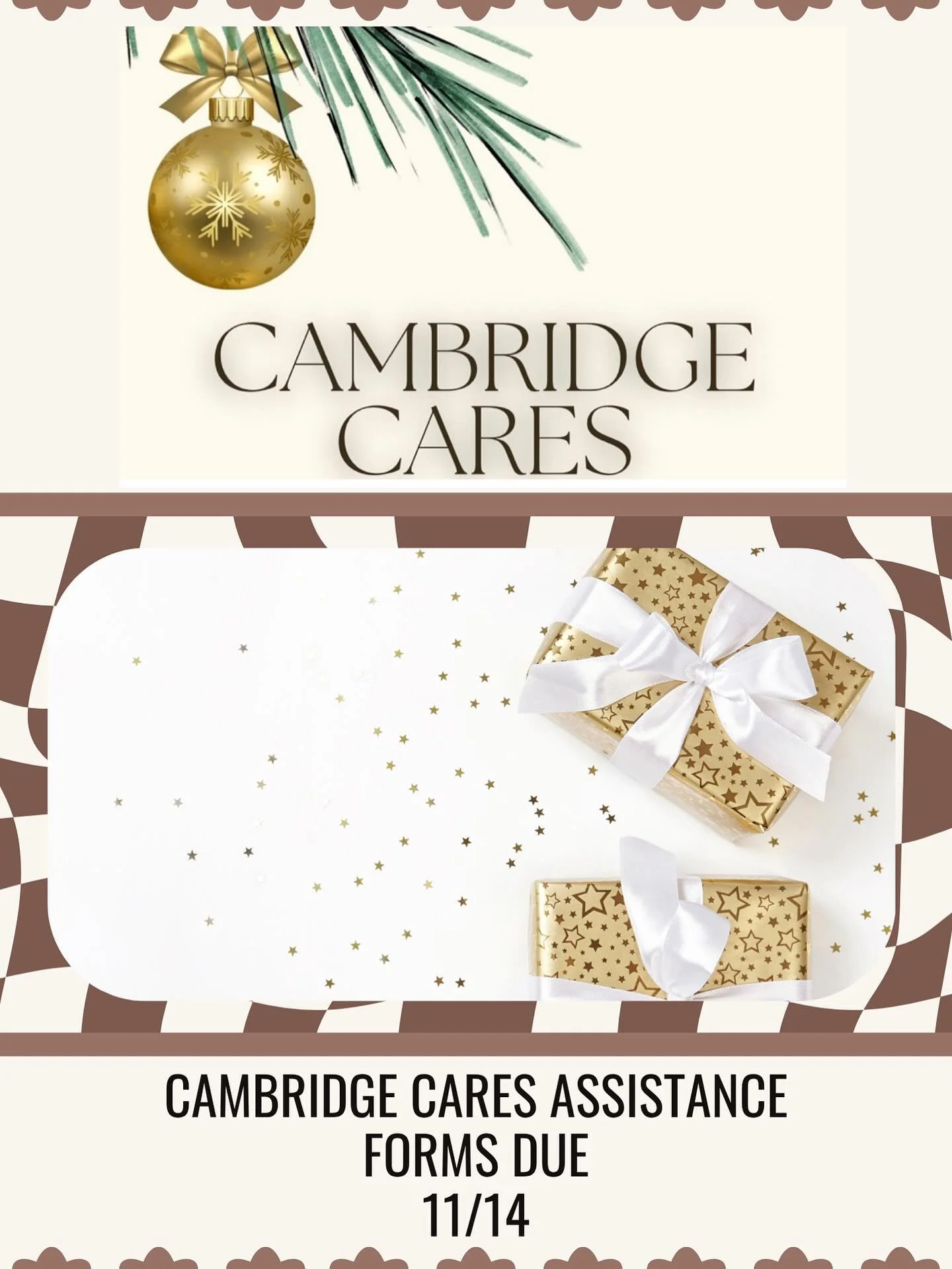 🎁 Cambridge Cares Holiday Program 🎁

The season of giving is here, and we are thrilled to continue our Cambridge Cares Holiday Program, providing holiday gifts to families in need. Reminder: The last day to participate is Friday, 11/14.

🎄 GIVE A 