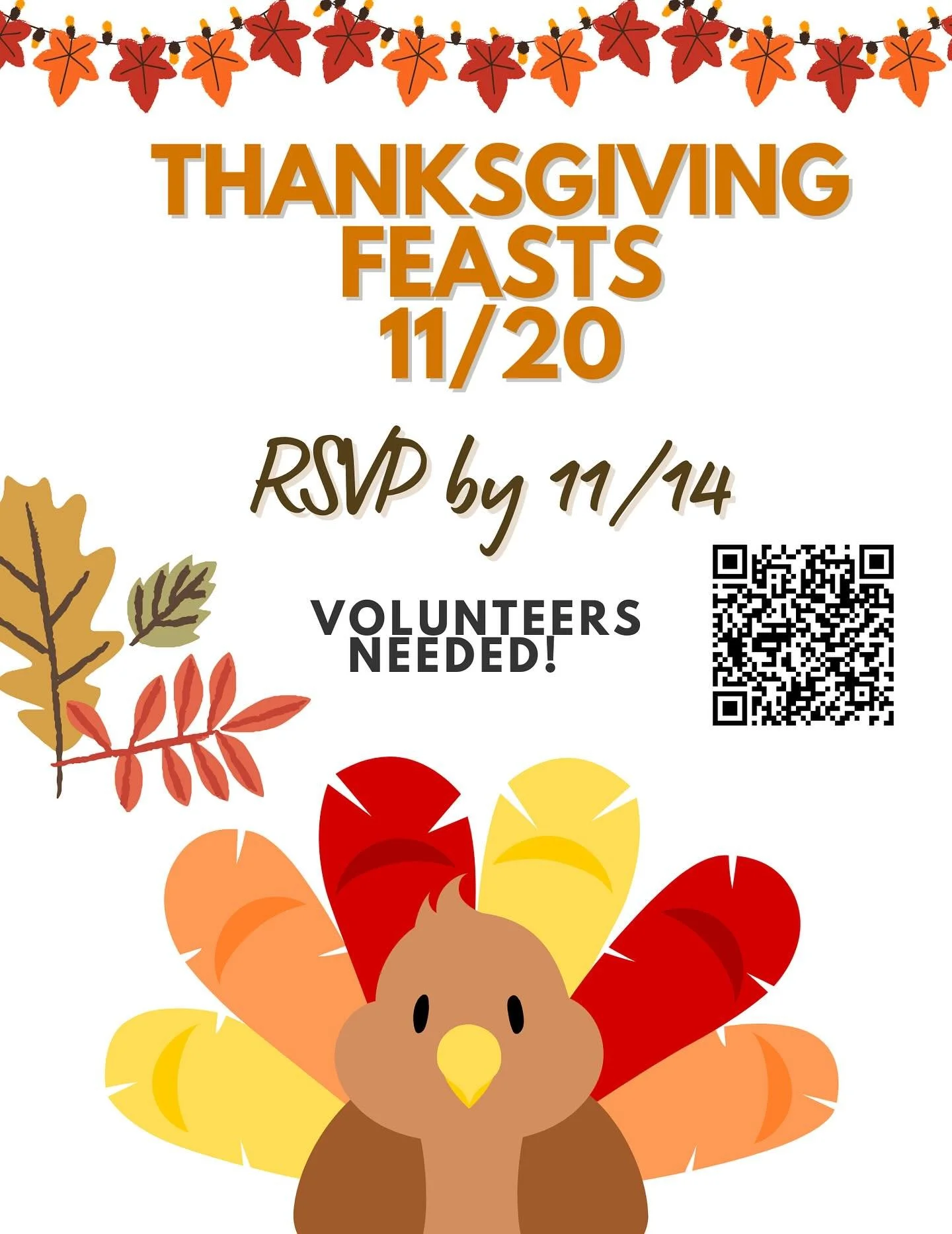 🎉 Thanksgiving Feasts Reminders! 🍁

🍂 Join us for a joyful celebration of gratitude and community spirit on November 20th. 🦃

🔥 RSVPs Close 11/14! 🔥 
Don&rsquo;t miss out on this festive event! Make sure to reserve your spot by completing the R