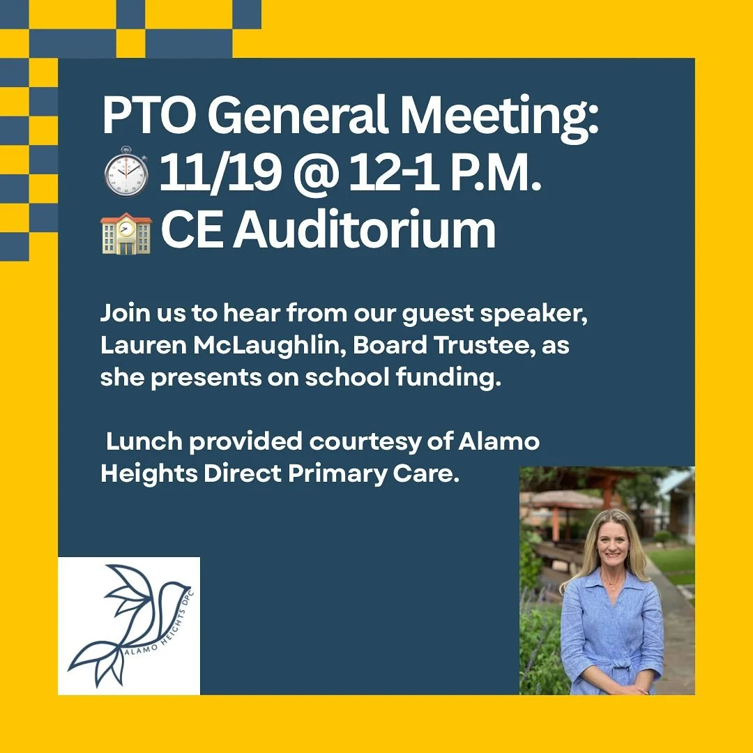 Upcoming General PTO Meeting reminder! 

🗓️ Date: November 19th 
⏰ Time: 12:00 - 1:00 PM 
📍 Location: CE Auditorium 

No RSVP is necessary, so feel free to drop by!

✨ Special Guest: Lauren McLaughlin, School Board Trustee, will be sharing insights