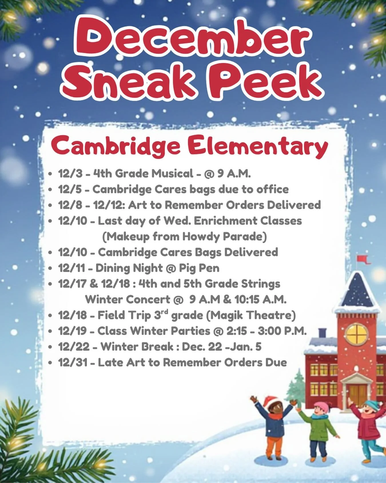 Sneak Peek: December School Events! Mark your calendars and join us for a festive month ahead! 🎄