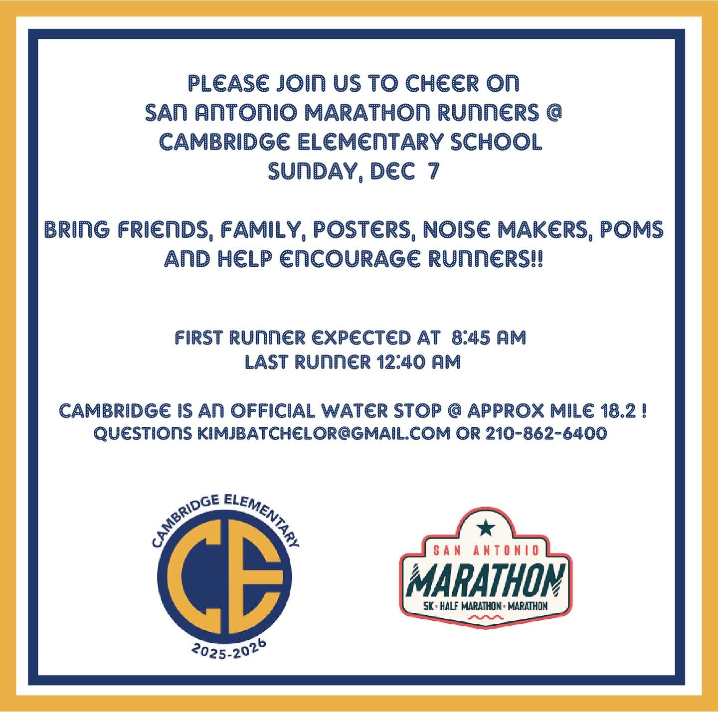 Swipe right to see the marathon race route around Cambridge Elementary!

We&rsquo;d love for our Cambridge community to come out and support our runners &mdash; make posters, bring bells, and cheer loudly as they pass by. Let&rsquo;s show them how st
