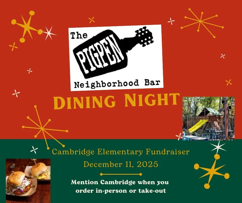 Meet up at the Pig Pen this Thursday! Mention &ldquo;Cambridge&rdquo; when you order and a portion of the proceeds goes back to the school. See you there!