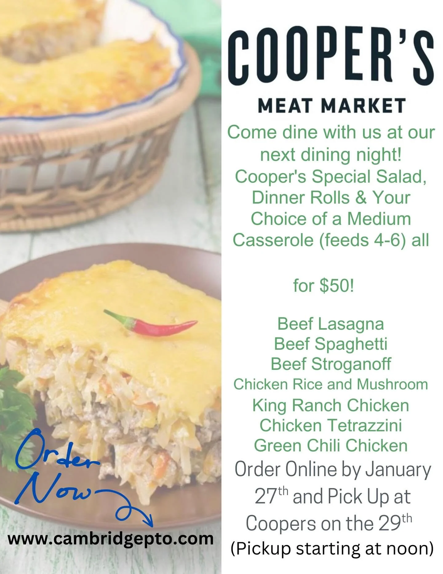Don&rsquo;t worry about going to HEB - you can place your orders for Dining Night with Coopers! Tomorrow is the LAST day to place your order and pick up is on Thursday after noon. This Thursday, join us for Stay &amp; Play at the Playground then head
