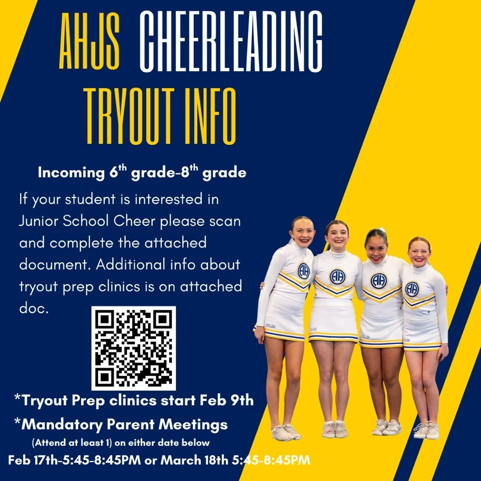 5th Grade Families, mark your calendar for AHJS Cheer tryouts beginning Feb 9. Click this link for additional details!  https://docs.google.com/forms/d/e/1FAIpQLSfM-Kiv9wu-fMit5KjSCcCqMLSPCsNJ2B6M-TNAuLNVVMsPxQ/viewform?pli=1