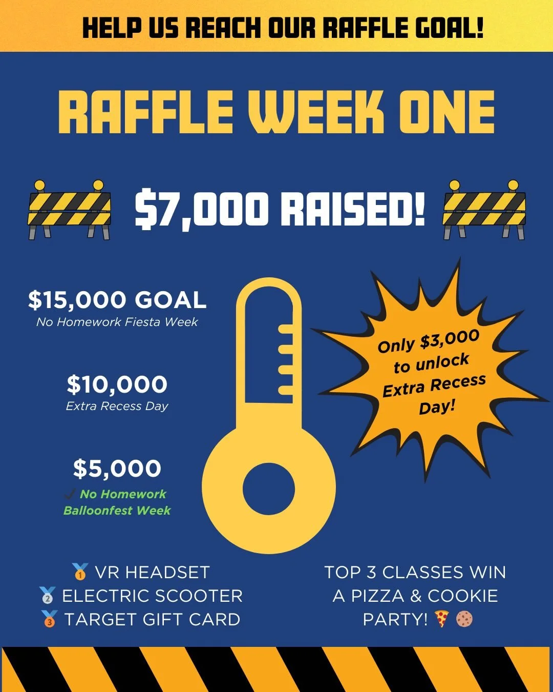 🚧 RAFFLE WEEK ONE UPDATE! 🚧

Cambridge families are already building something amazing&hellip;
🎈 $7,000 raised in just ONE week!

That means we are only $3,000 away from unlocking an EXTRA RECESS DAY! 🎉

🏆 Student prizes:
🥇 VR Headset
🥈 Electr