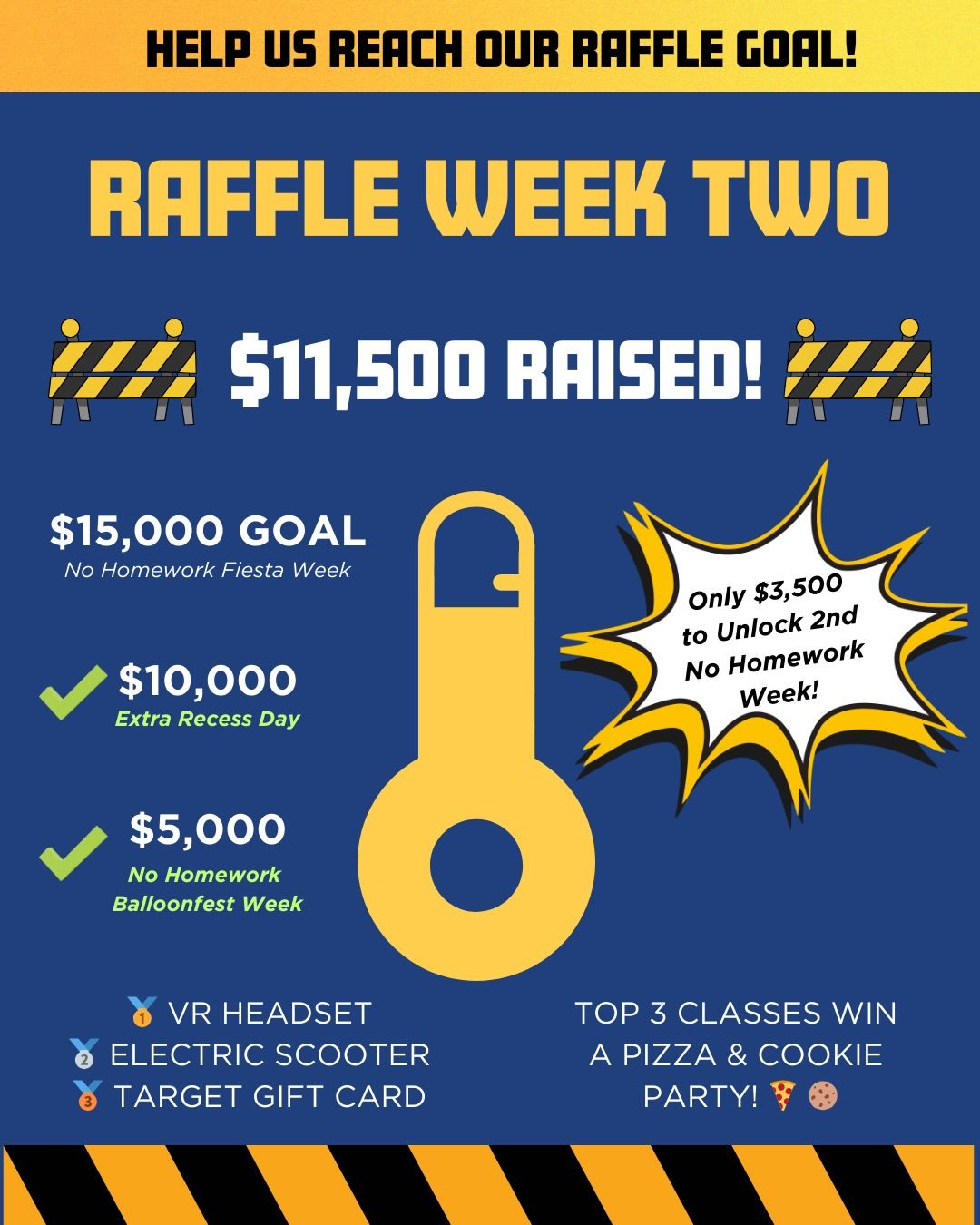 🚧 RAFFLE WEEK TWO UPDATE! 🚧

Cambridge families are crushing it!

💰 $11,500 raised so far!
That means we&rsquo;ve already unlocked:
✅ No Homework Balloonfest Week
✅ Extra Recess Day

And we are only $3,500 away from unlocking our next reward:
🎉 N