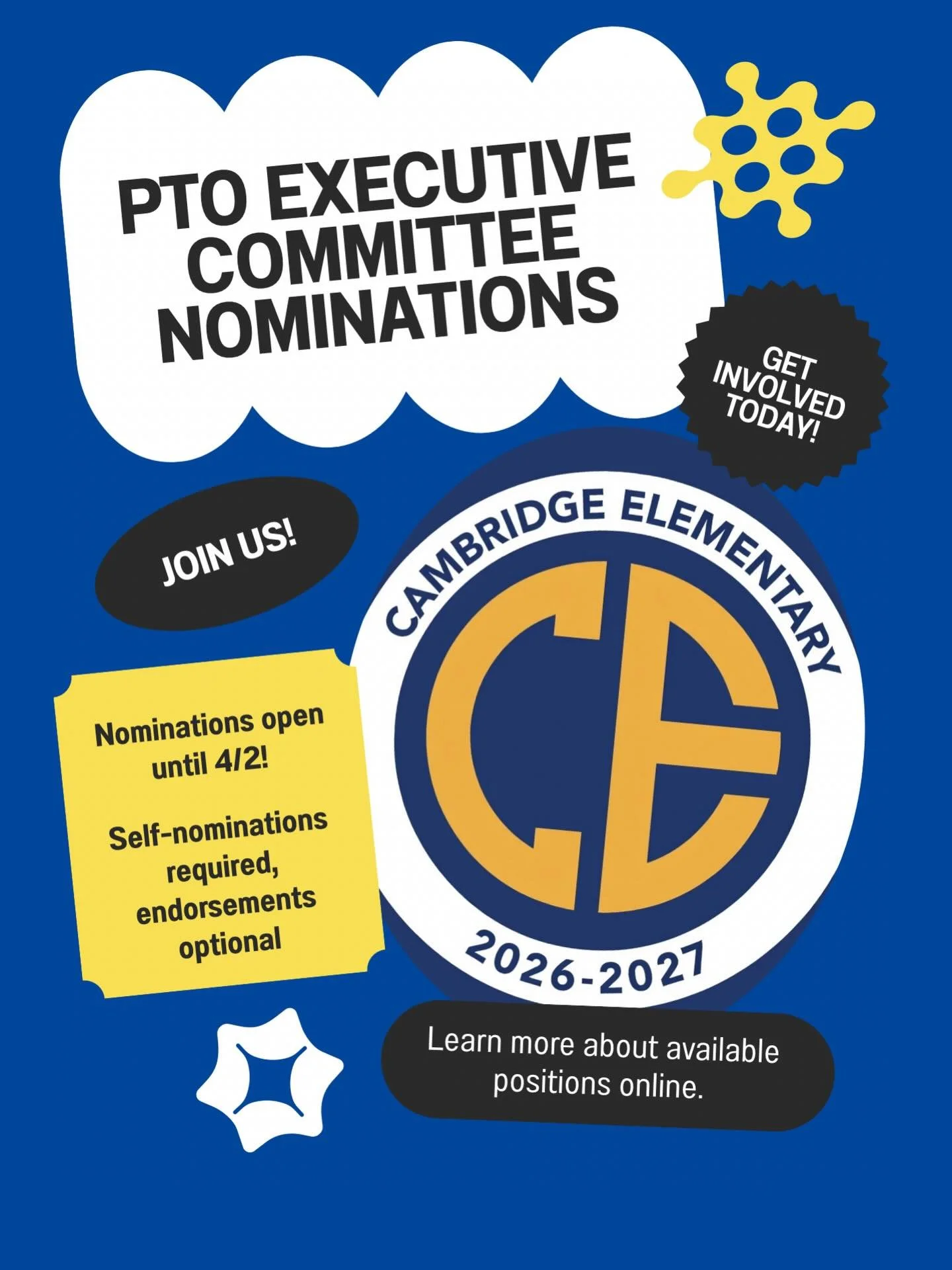 PTO Executive nominations are open. We encourage you to join us! ALL are welcome Self-nominate by April 2nd @ 6PM. Link in bio
