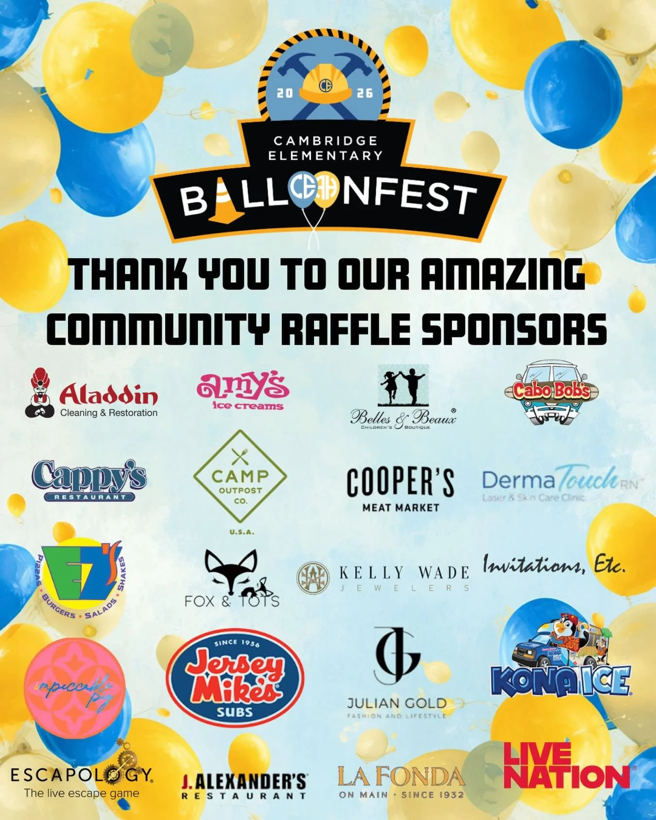 🎈✨ THANK YOU TO OUR INCREDIBLE BALLOONFEST RAFFLE SPONSORS! ✨🎈

Our amazing community showed up in a BIG way for Cambridge!&nbsp;🛠️
Because of the generosity of these local businesses, our Balloonfest raffle is packed with incredible prizes for ou