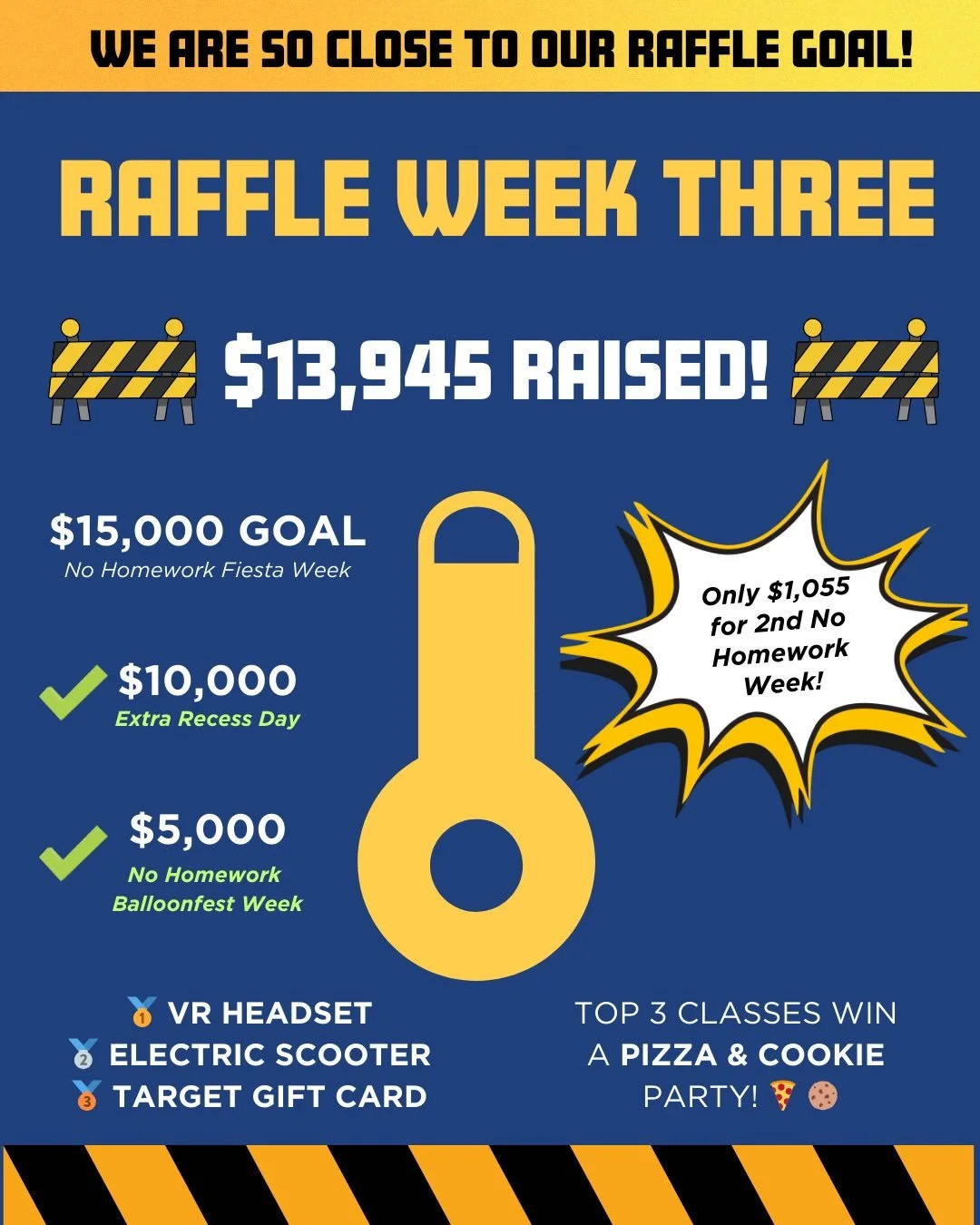 Week 3 and we are SO CLOSE to our raffle goal!! 💙🚧

Just $1,055 to go until ANOTHER no homework week! 🙌

Raffle is open through next Friday, let&rsquo;s finish strong, Cambridge!! 💪

Keep selling, keep sharing, keep building!

👉 Swipe to see our