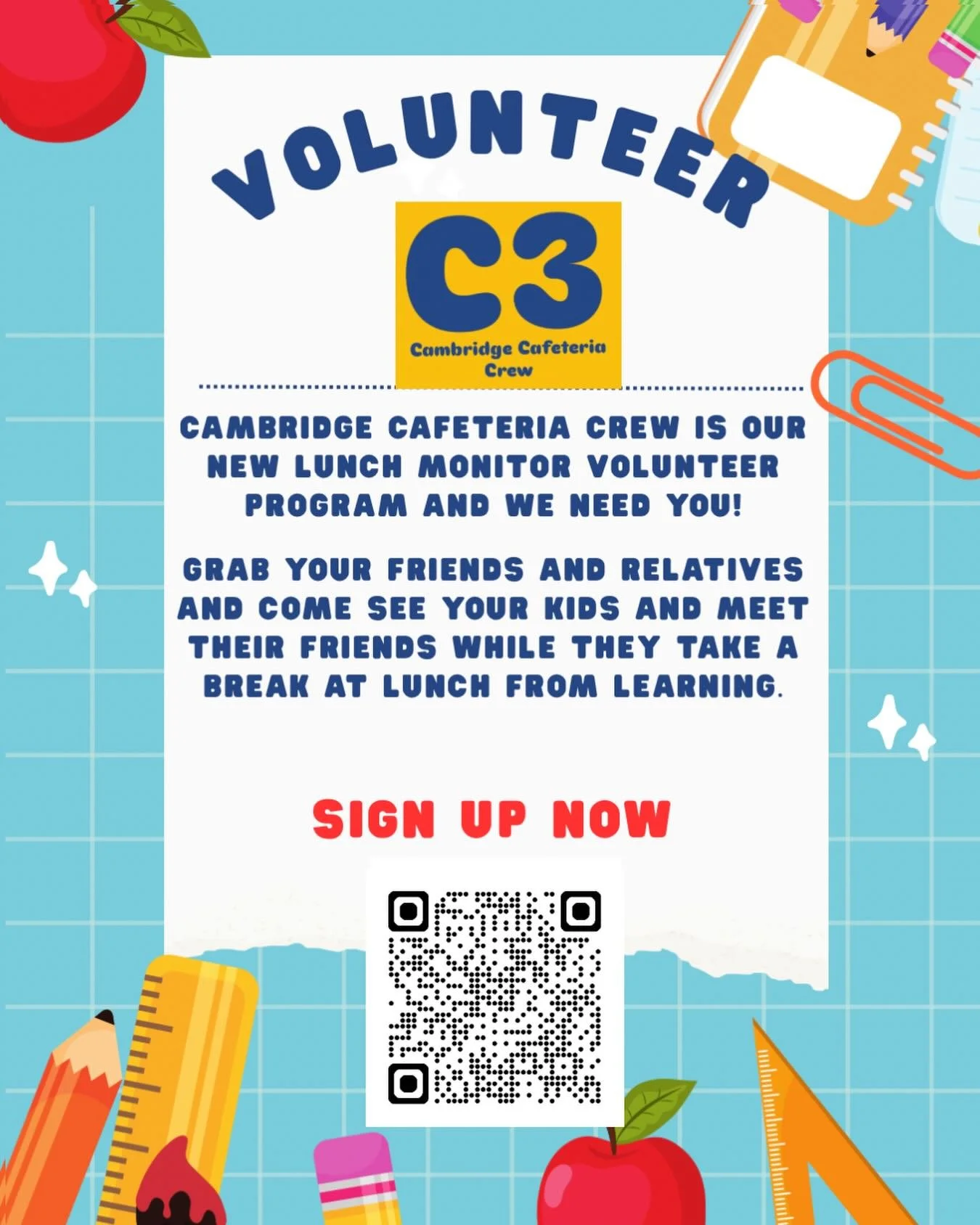 🔔We need your help🔔  With STAR testing this week, we need extra support from volunteers to be C3 monitors. Come have lunch with your student and stay to help for a shift. Scan the QR code to sign-up and bring a friend to help!