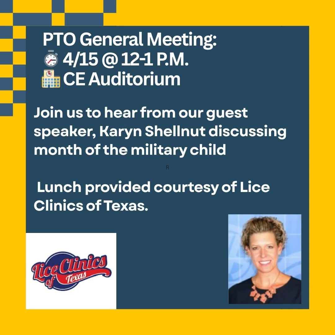 🌟 Reminder! 🌟

Hey Parents and Guardians!

Don&rsquo;t forget, the last PTO meeting of the school year is happening this Wednesday, April 15th. 

🗓 Date: April 15th 
⏰ Time: 12-1PM
📍 Location: CE Auditorium 

We look forward to seeing everyone th