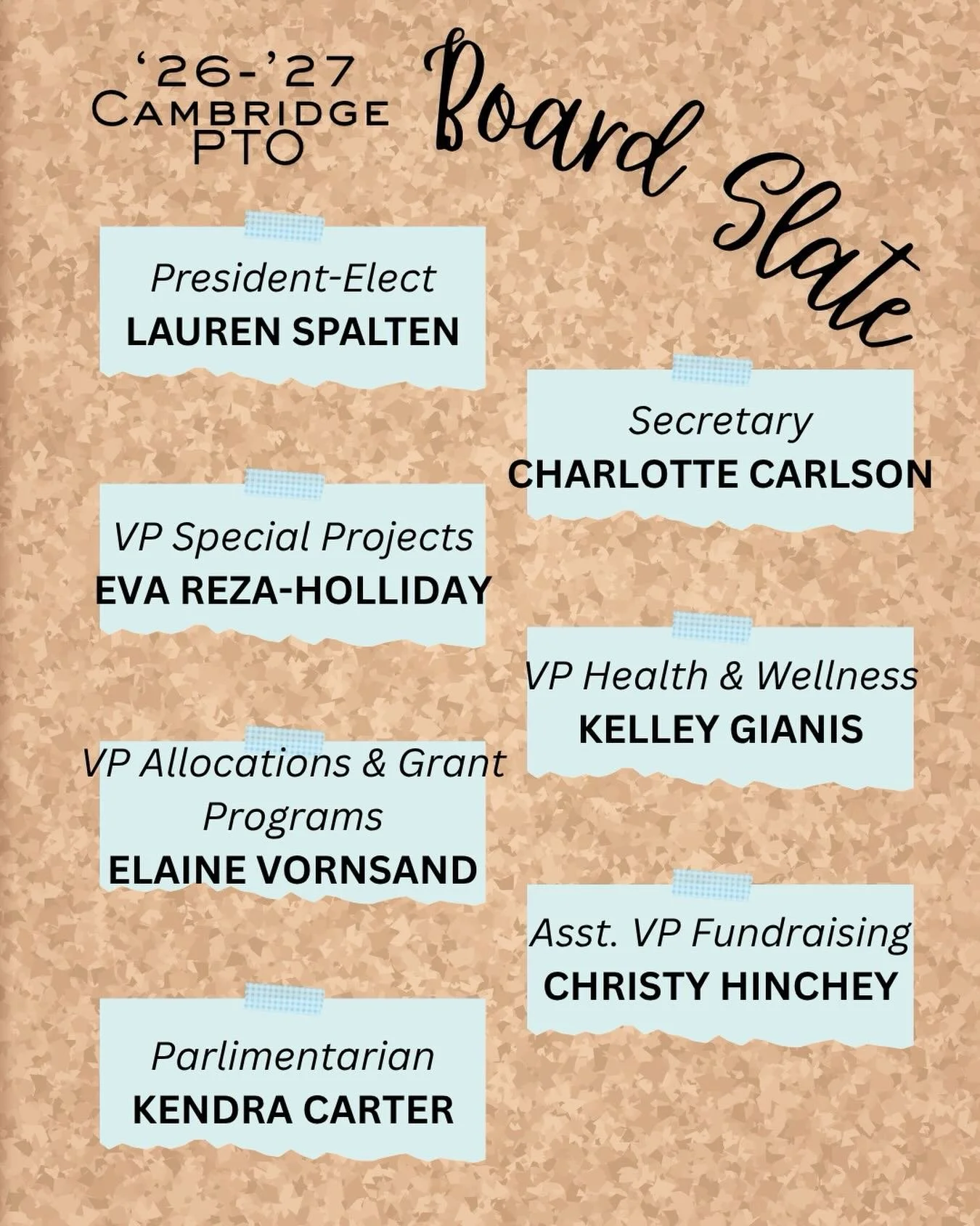 📣 Nominations are in for next year&rsquo;s Cambridge PTO Executive Board! 📣This amazing slate will be voted upon at our last General PTO Meeting this Wednesday @ noon. Please join us to cast your vote and support next year&rsquo;s PTO!