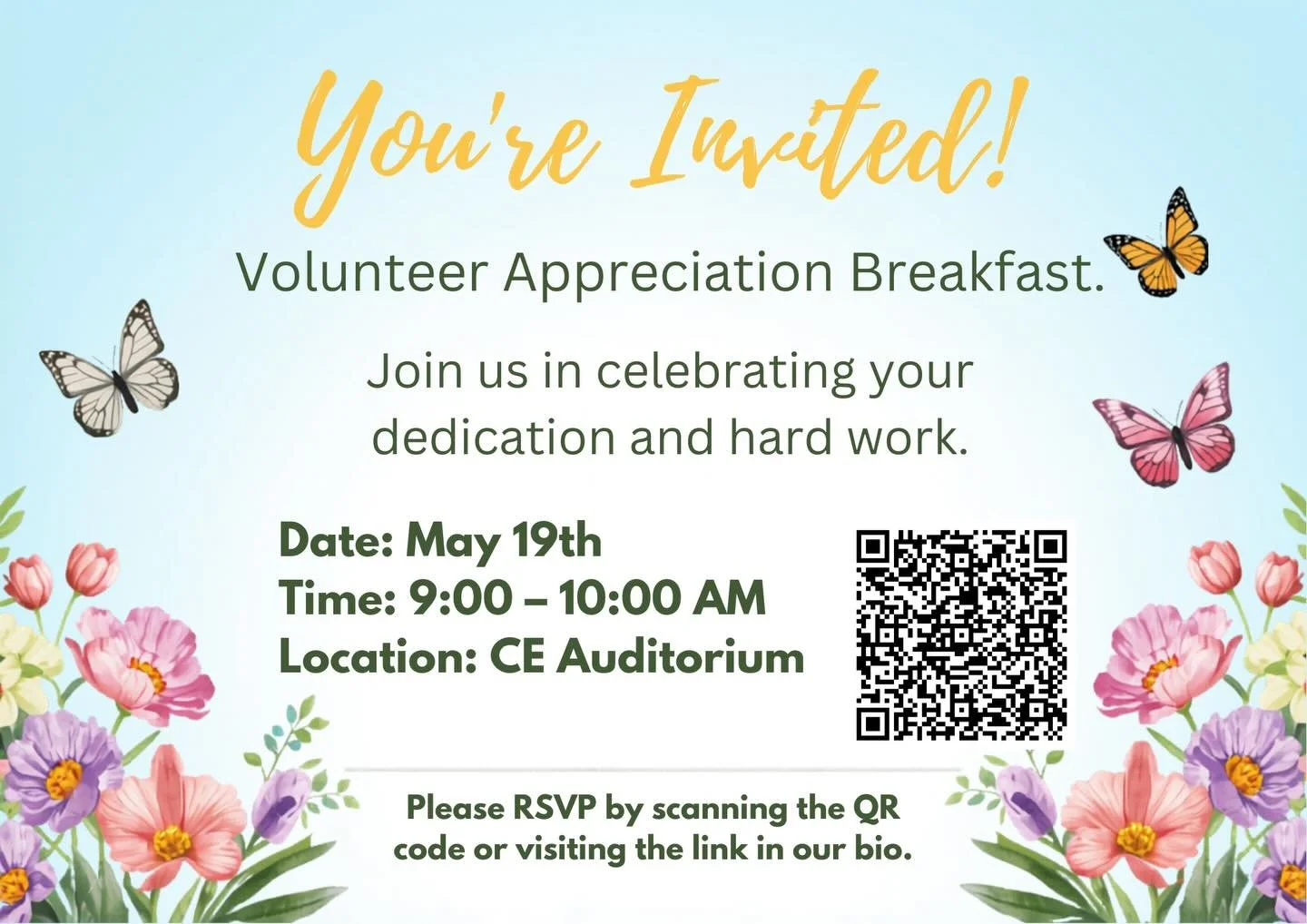 🎉 Parent-Volunteer Breakfast Invitation 🎉

Our Cambridge administration and librarian warmly invite you to a special breakfast celebration to honor YOU, our amazing parent volunteers! 🥳

Join us on Tuesday, May 19th, from 9-10AM in our Cambridge a