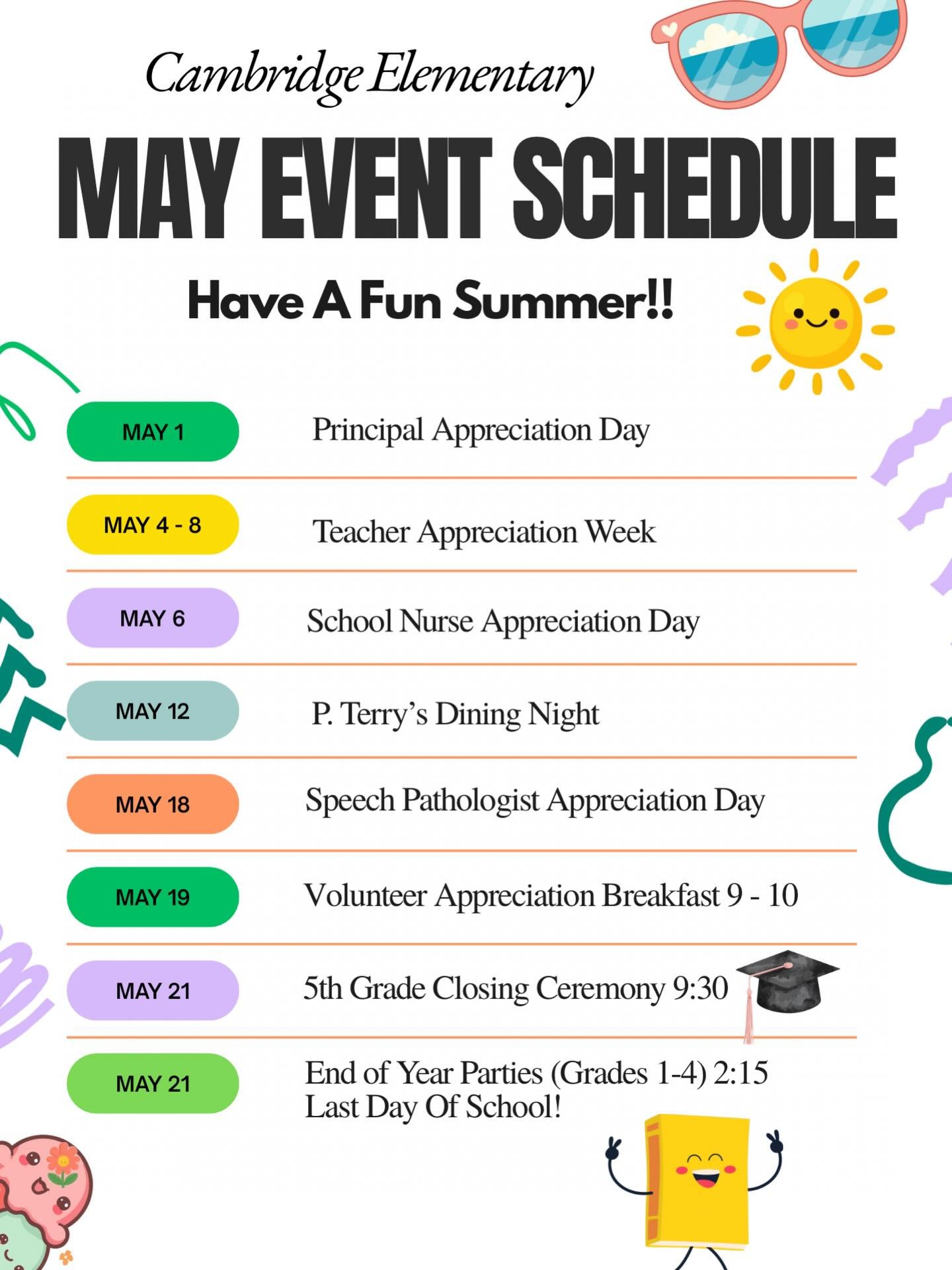 🌞 May is packed with exciting events at Cambridge Elementary! 🎓 Join us in appreciating our amazing staff and celebrating students as we wrap up the school year. Let&rsquo;s make it memorable! 💙💛