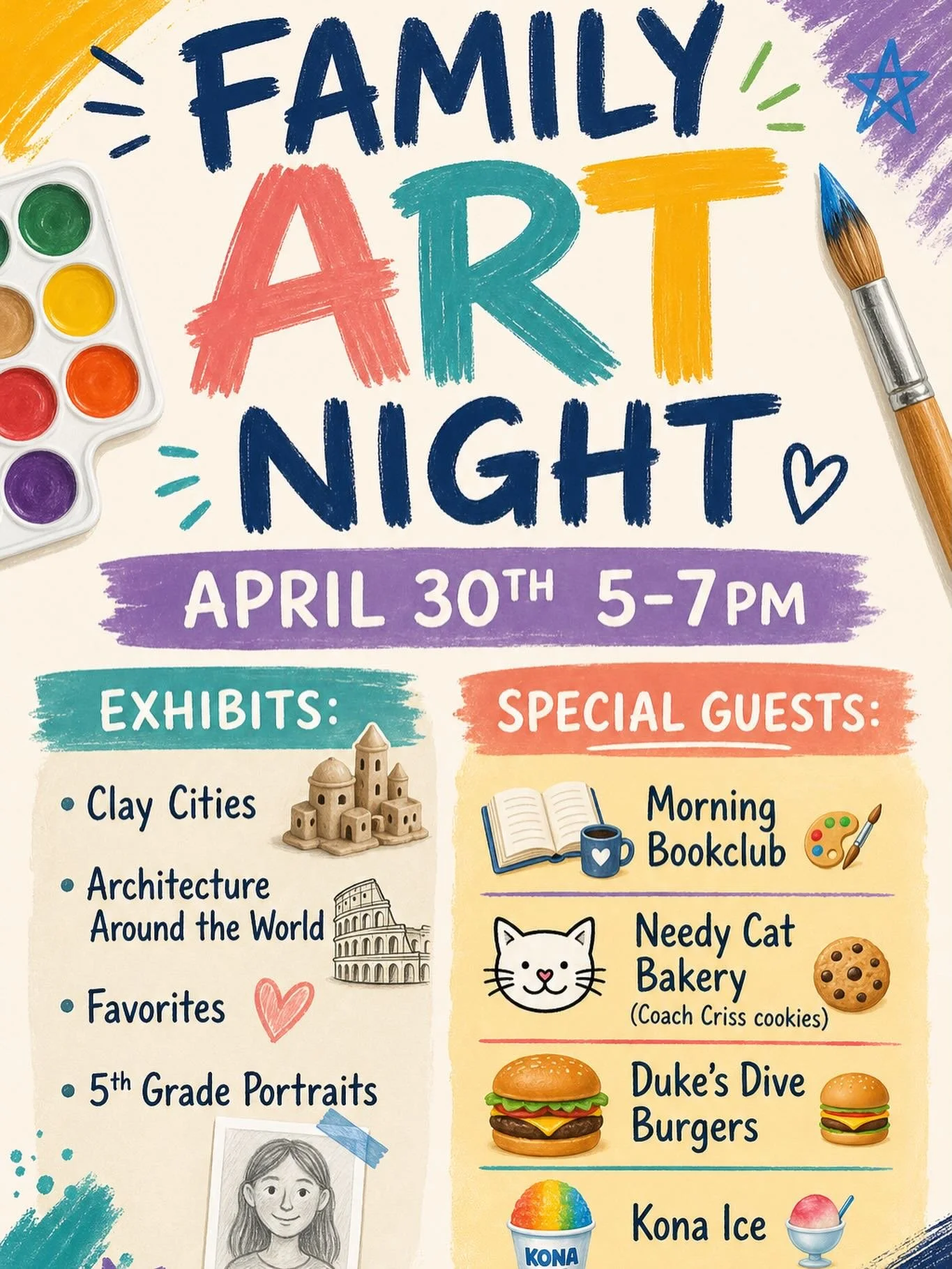 Tonight&rsquo;s going to be a good time! Come by to see your child&rsquo;s artwork they&rsquo;ve worked so hard on, enjoy burgers from @dukesdive_satx and dessert from @kona_ice_sa .