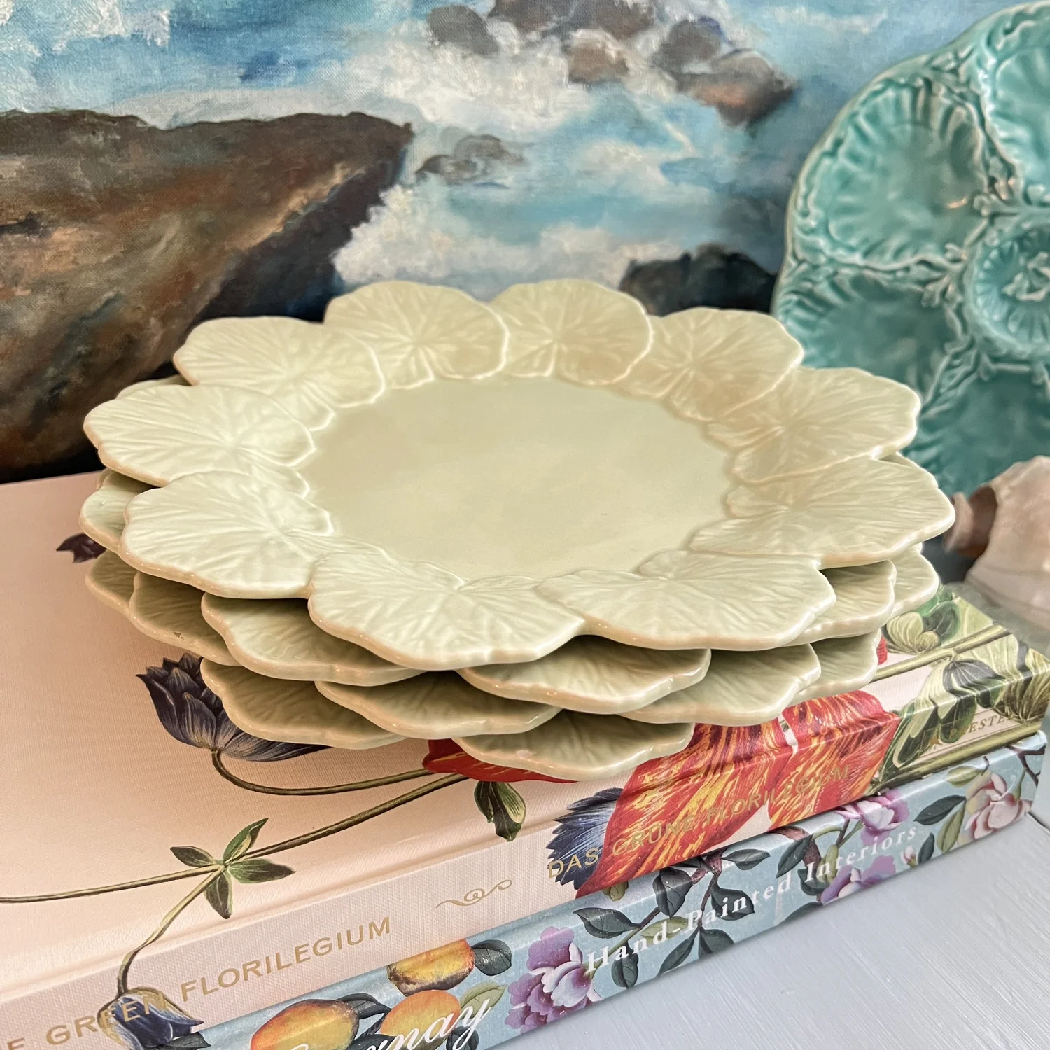 Sage Green Bordallo Pinheiro Geranium Leaf Plates- Set of 4
