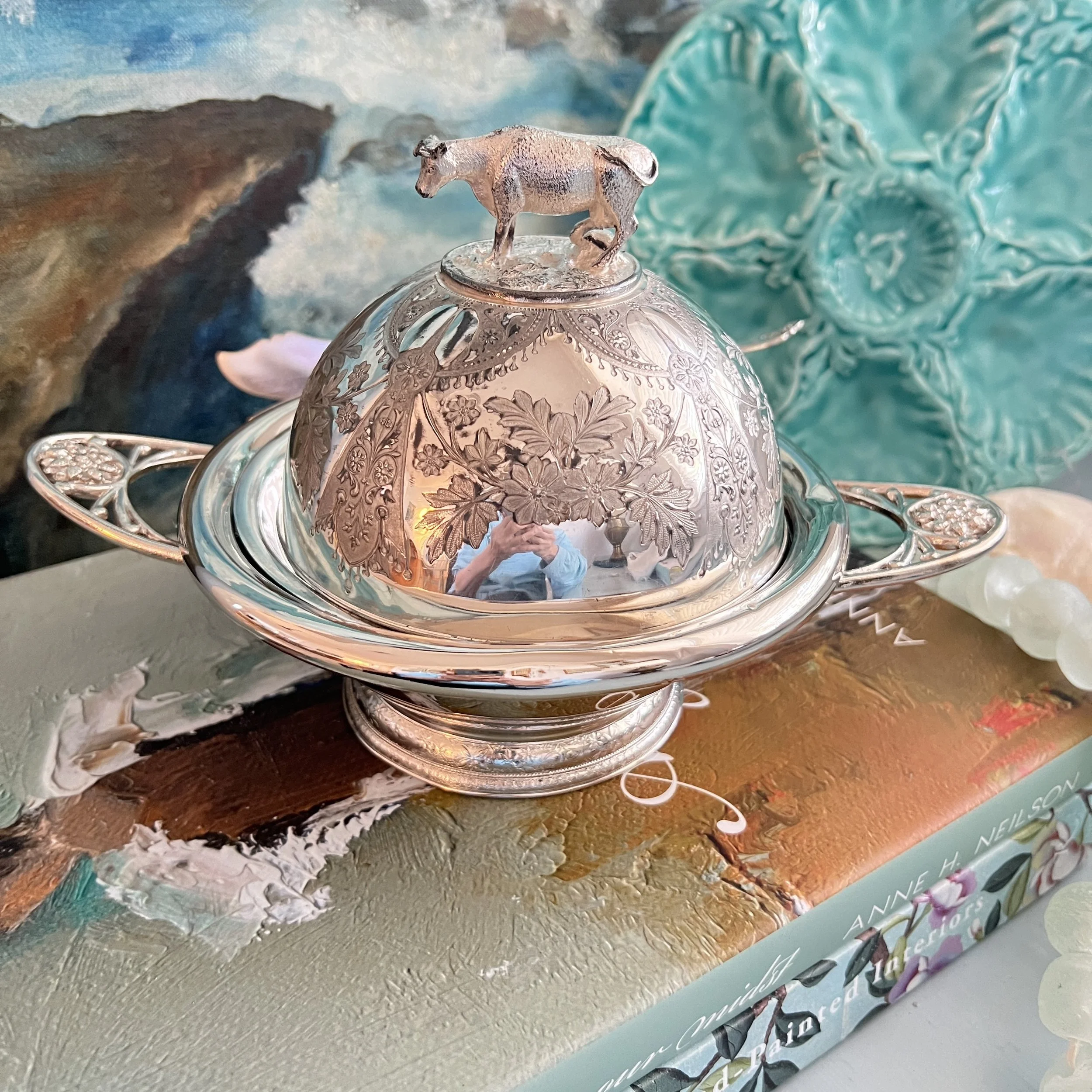 Antique Victorian Quadruple Silverplate Butter Cooler with Cow Finial