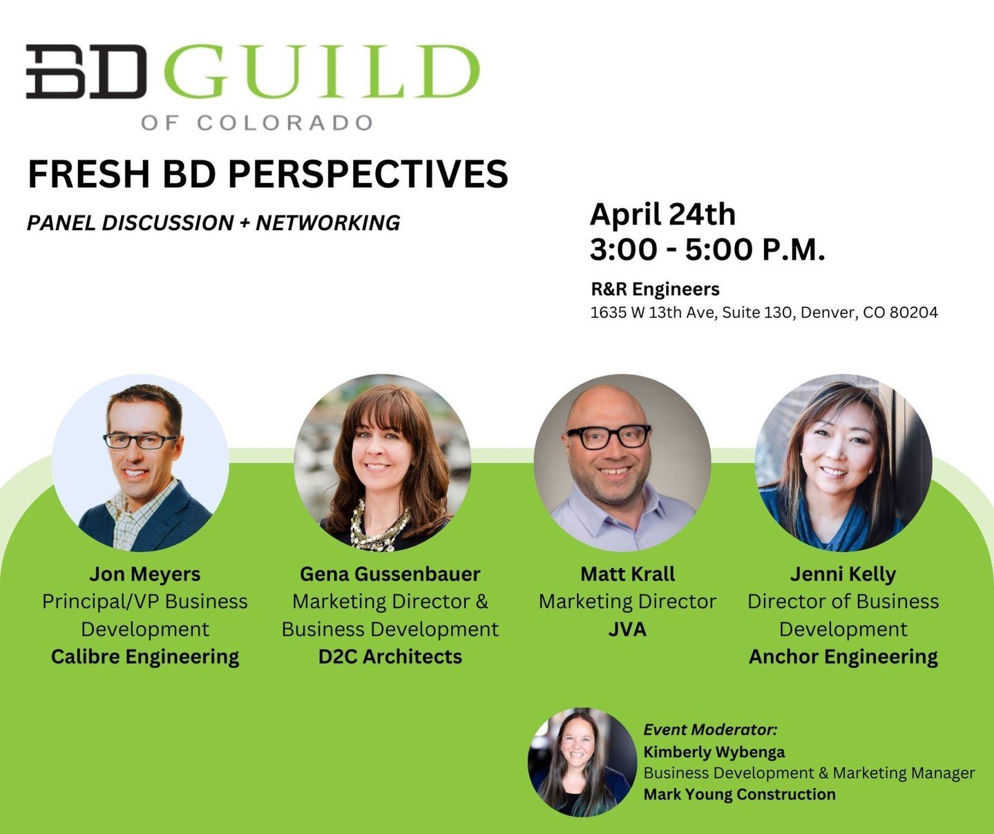 R&amp;R is thrilled to host the next BD Guild of Colorado event on Thursday April 24th, complete with a panel of industry experts, friends and colleagues, ready to share their insights on Fresh #businessdevelopment Perspectives. 

Have your registere