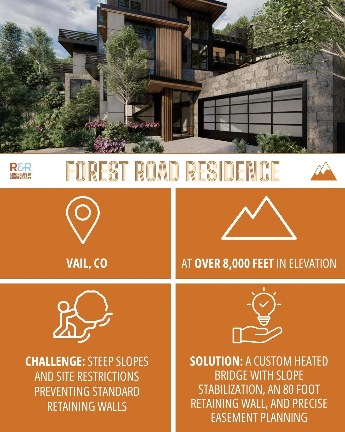 Some mountain sites push back harder than others.

At Forest Road Residence, steep slopes and tight wall restrictions made traditional access impossible, so we engineered a smarter path forward.

A heated bridge driveway with slope stabilization, an 