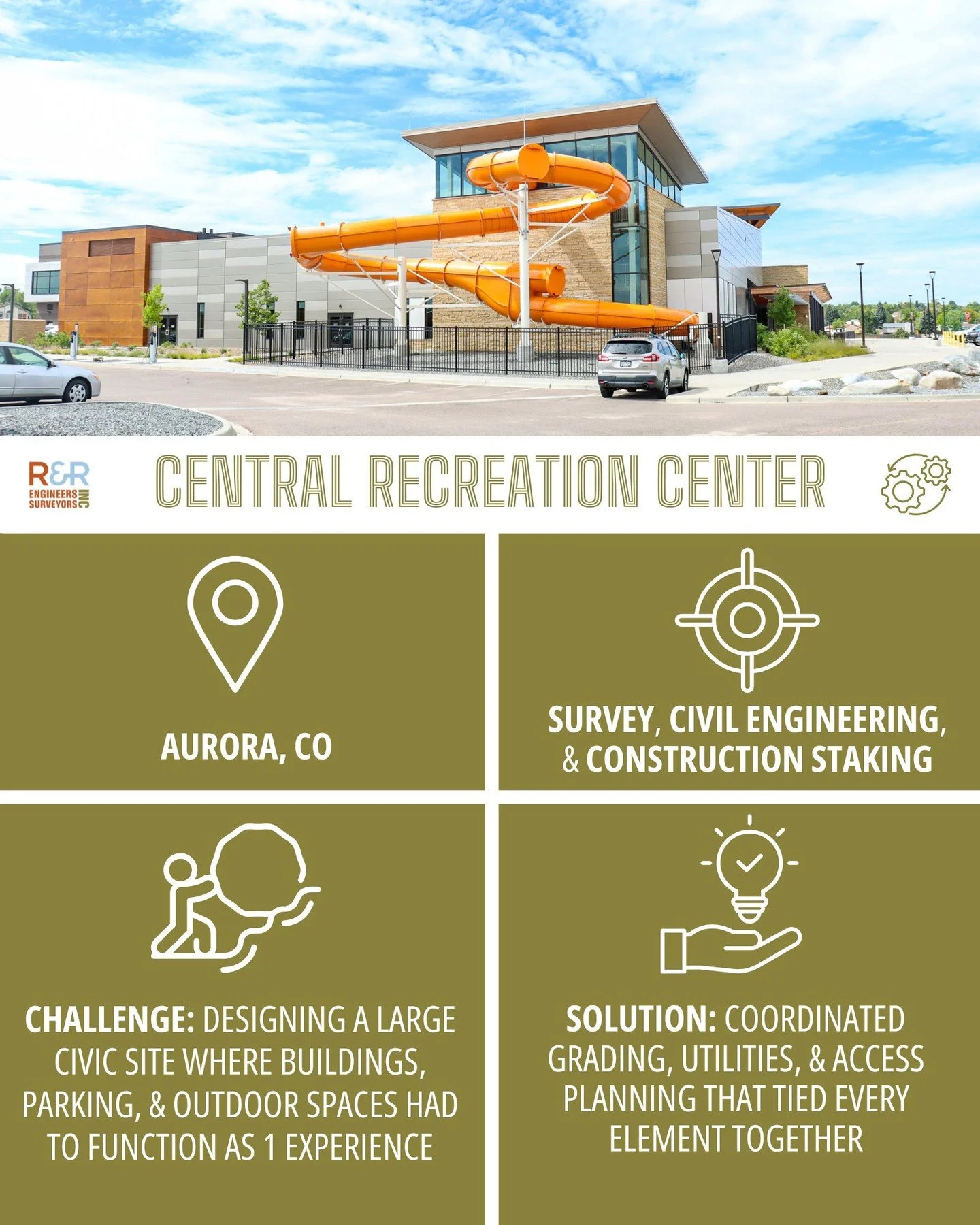 A civic site has to work as one place, not a collection of parts.

At Aurora&rsquo;s Central Recreation Center, survey, civil design, and construction staking worked together to align building placement, parking, utilities, and outdoor amenities acro