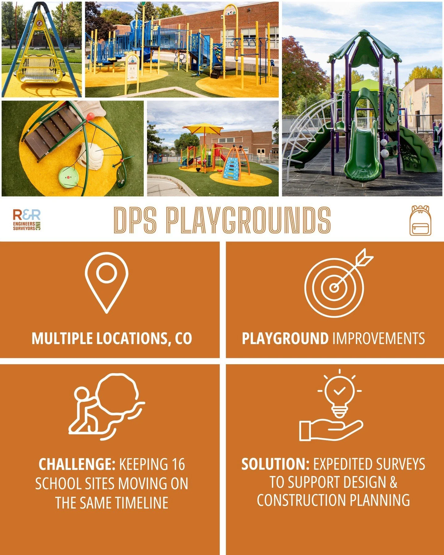 Completing 1 school project during the summer can be a challenge, but 16 requires a lot of coordination and early planning.

For Denver Public Schools&rsquo; Early Childhood Education playground upgrades, R&amp;R provided expedited topographic design