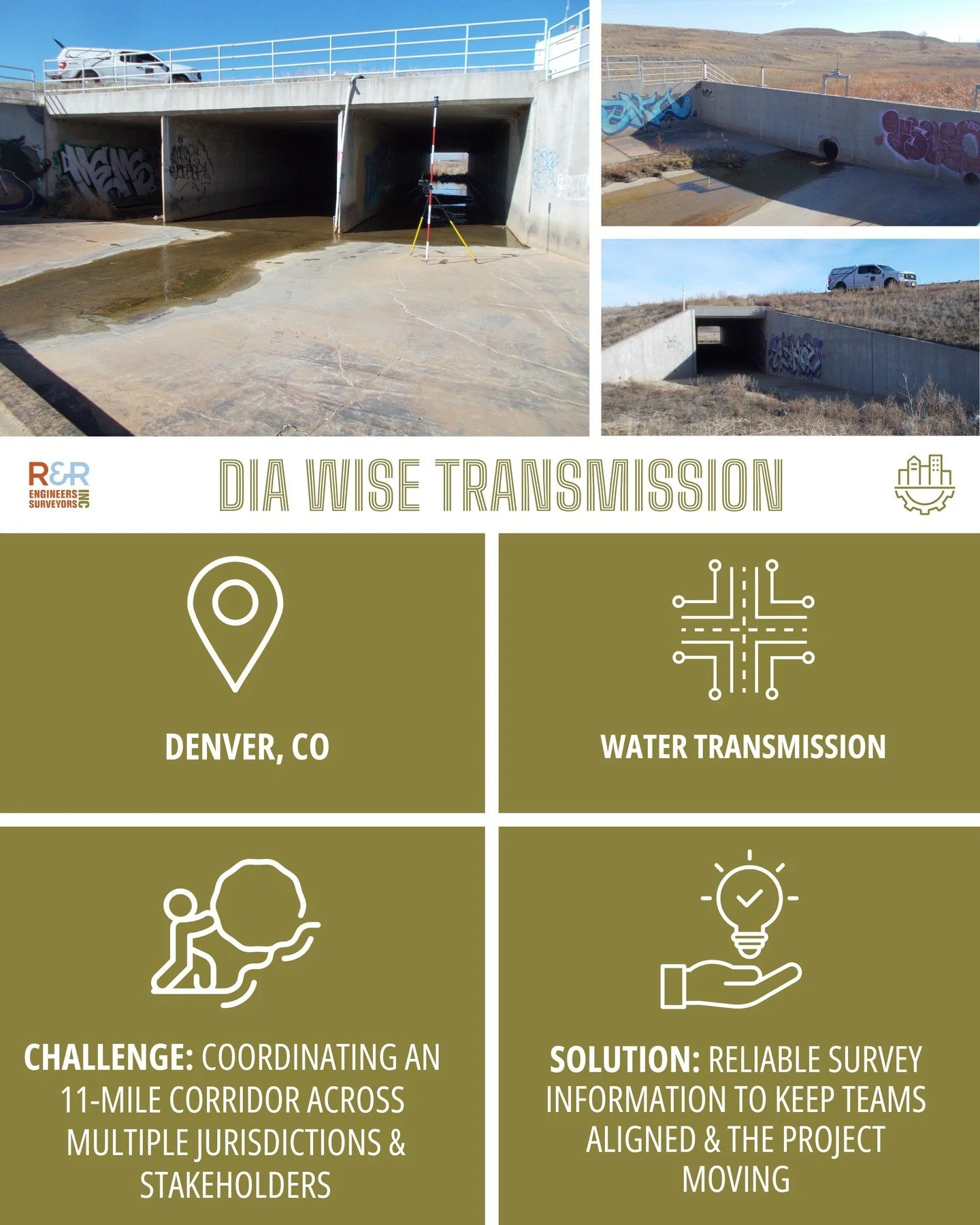 Across 11 miles, every connection matters.

R&amp;R&rsquo;s role on the DIA Water Transmission Project spanned an 11-mile proposed water main route from Denver International Airport to Tower Road at E-470, providing comprehensive surveying services a