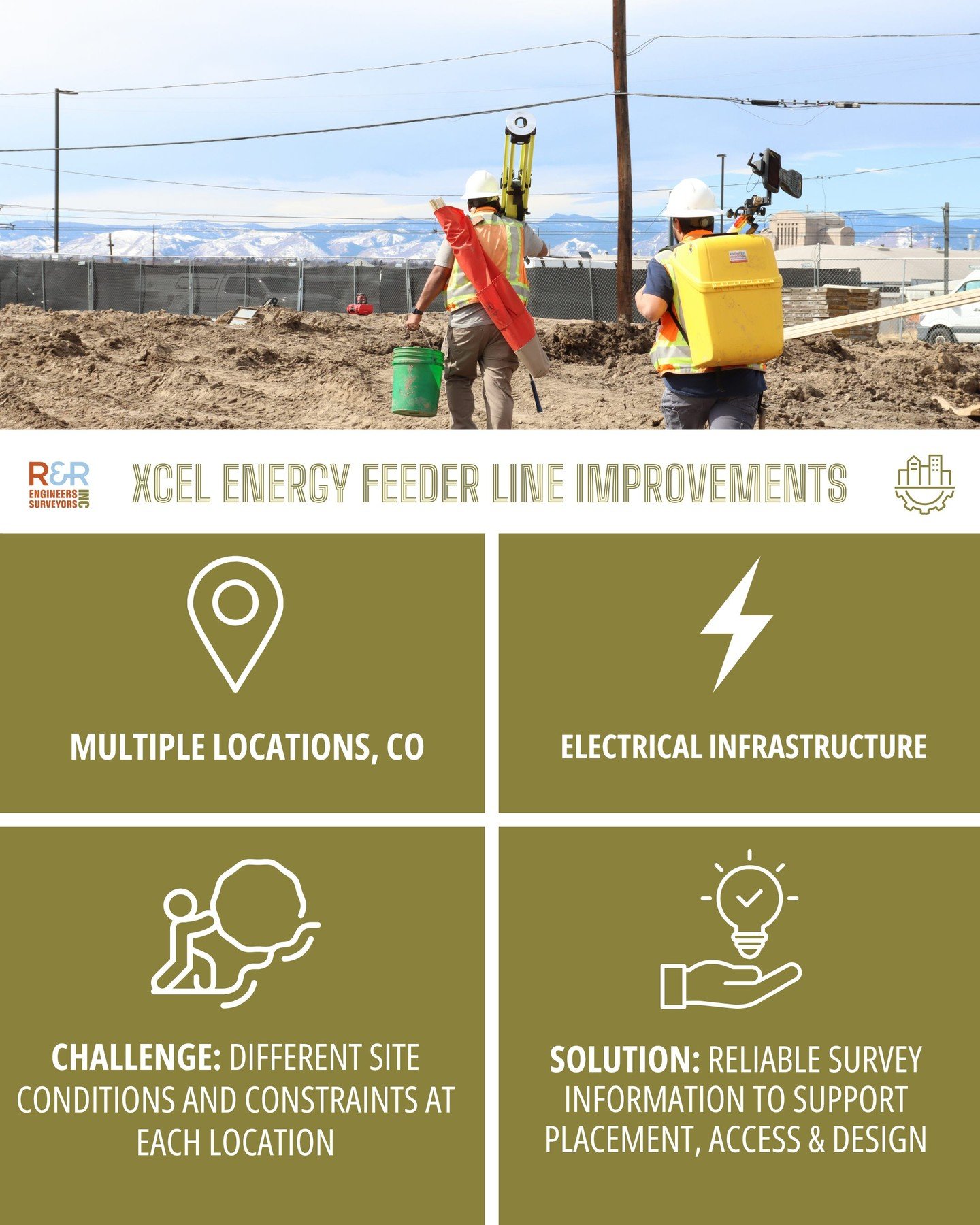 Every location comes with its own set of constraints.

For Xcel Energy feeder line improvements across Colorado, that meant understanding the unique conditions surrounding each site. R&amp;R provided utility, topographic, and right-of-way surveying t