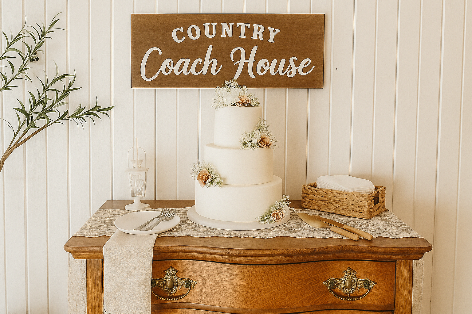 Vintage oak dresser available for wedding cake display at Country Coach House in Burlington, IL.