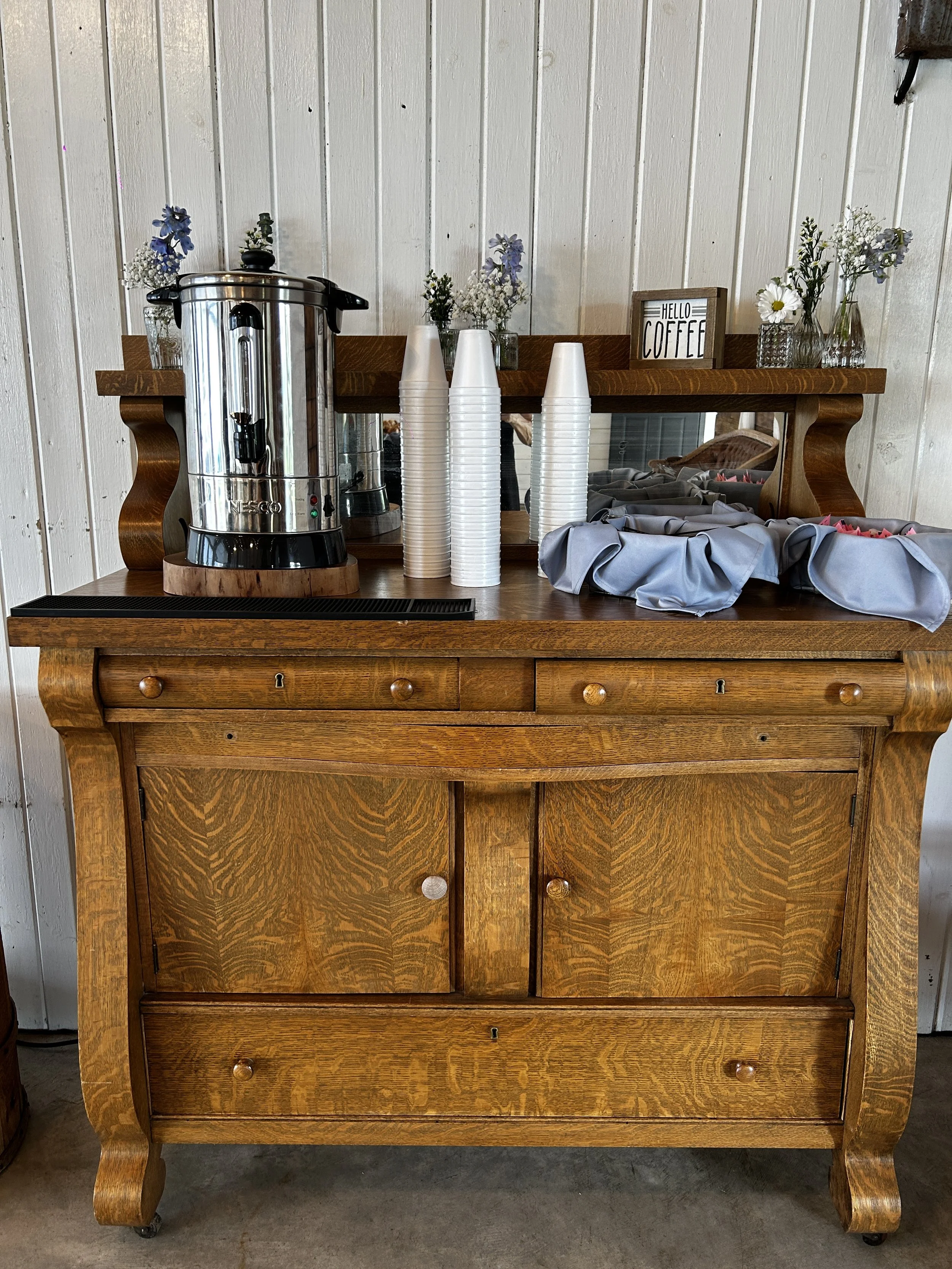 Vintage oak buffet used as a coffee or dessert station option at Country Coach House in Burlington, IL.