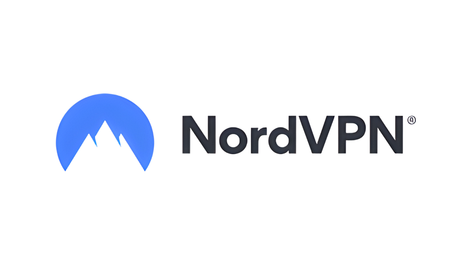 Logo of NordVPN featuring a blue mountain icon and black text on a blue background.