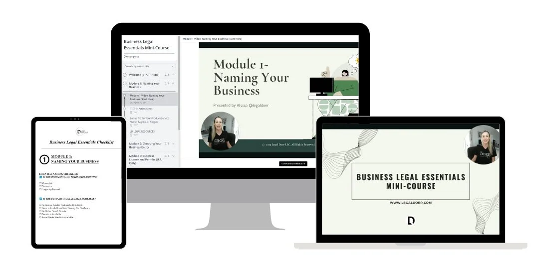 Multiple electronic devices displaying a business legal essentials mini-course including a desktop computer, a tablet, and a laptop. The course appears to be about naming your business, presented by Alyssa.
