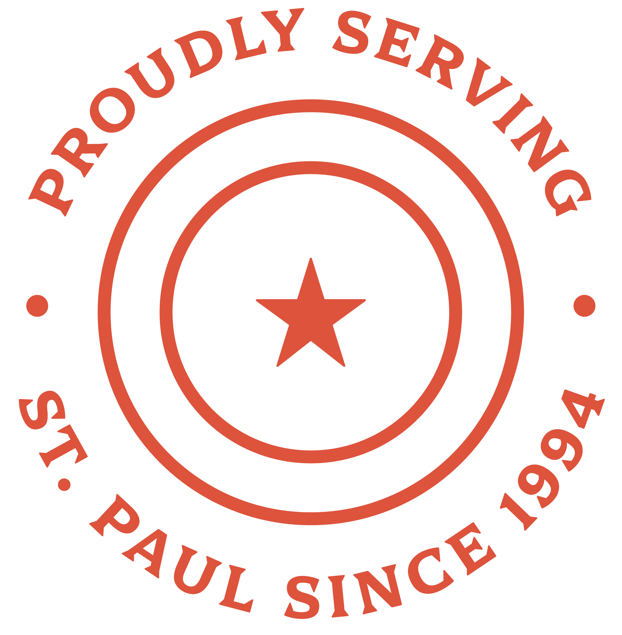 Circular logo with a star in the center, encircled by two rings. Text reads "Proudly Serving St. Paul Since 1994."