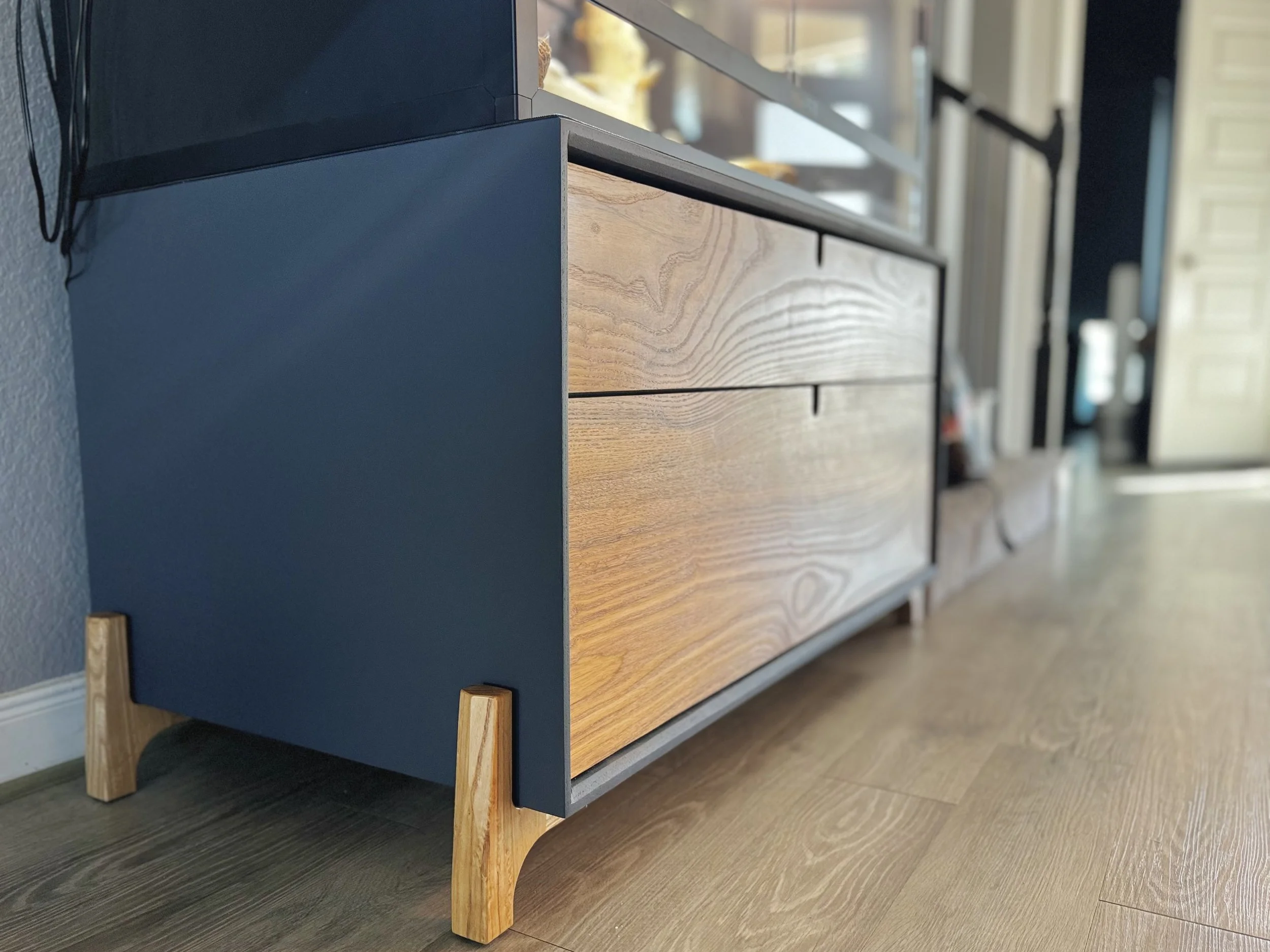Credenza with large shoe storage area. Built for my family and our 99 pairs of shoes