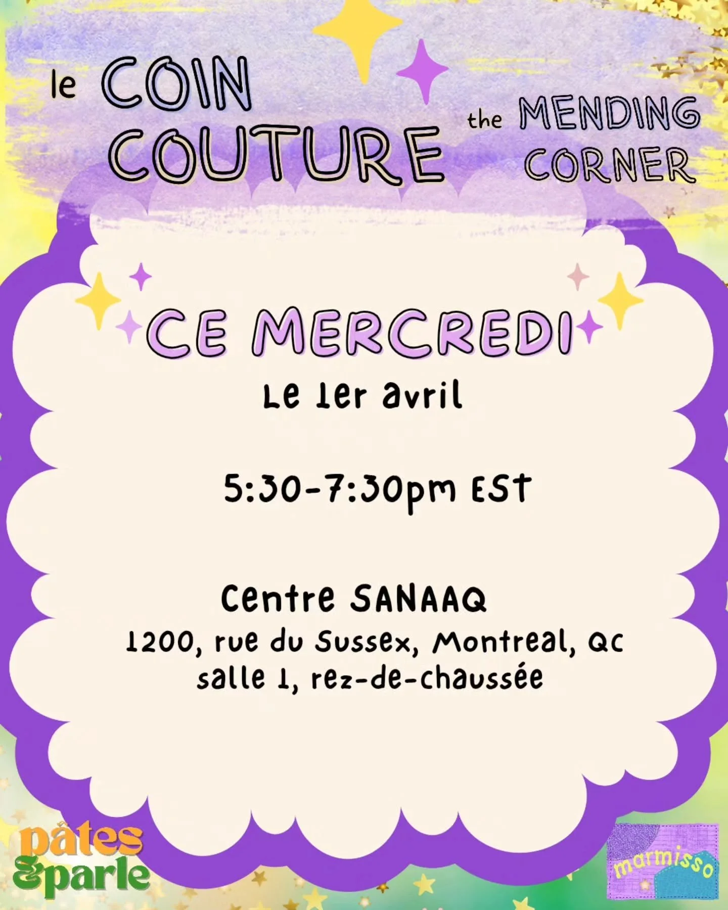 fr 👉🏻 eng

venez nous rejoindre au coin couture, ce mercredi! 🥳
nous serons au rez-de-chauss&eacute;e du centre, cette fois-ci ✨

apportez-vous des v&ecirc;tements/sacs/accessoires &agrave; r&eacute;parer, modifier, ajuster, etc
il y aura une mach