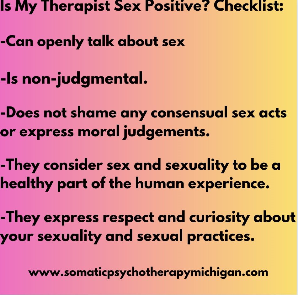 Is my therapist sex positive? Here is a checklist you can use to figure out if your therapist or future therapist is sex positive. 

It is so important that you have a  therapist that supports YOU which includes your sexual Self!

Let me know what el