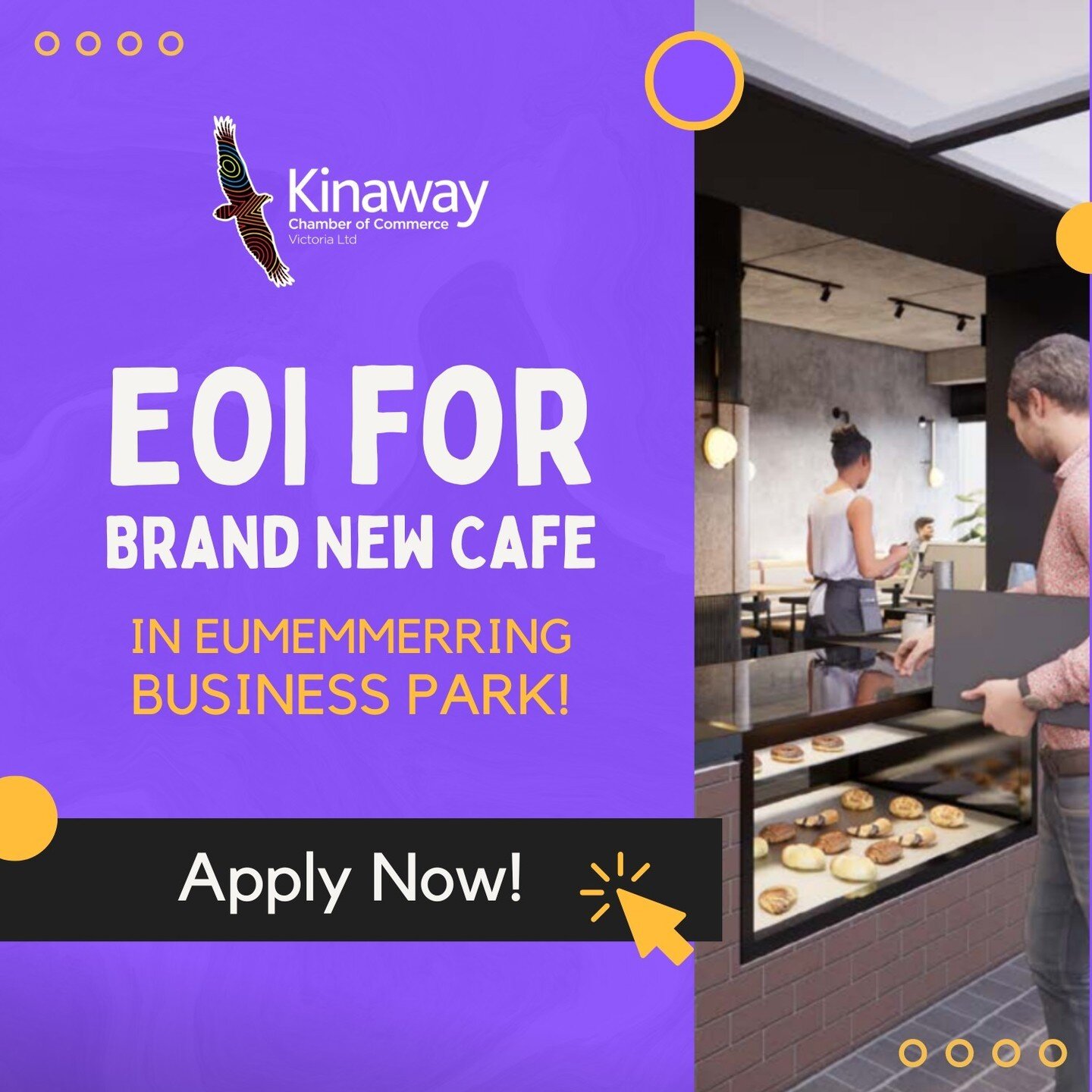 On behalf of the Goodman Group, Kinaway Chamber of Commerce is seeking expressions of interest for a First Nations caterer/caf&eacute; operator/social enterprise to operate the exclusive onsite caf&eacute; at Eumemmerring Business Park located in Dan