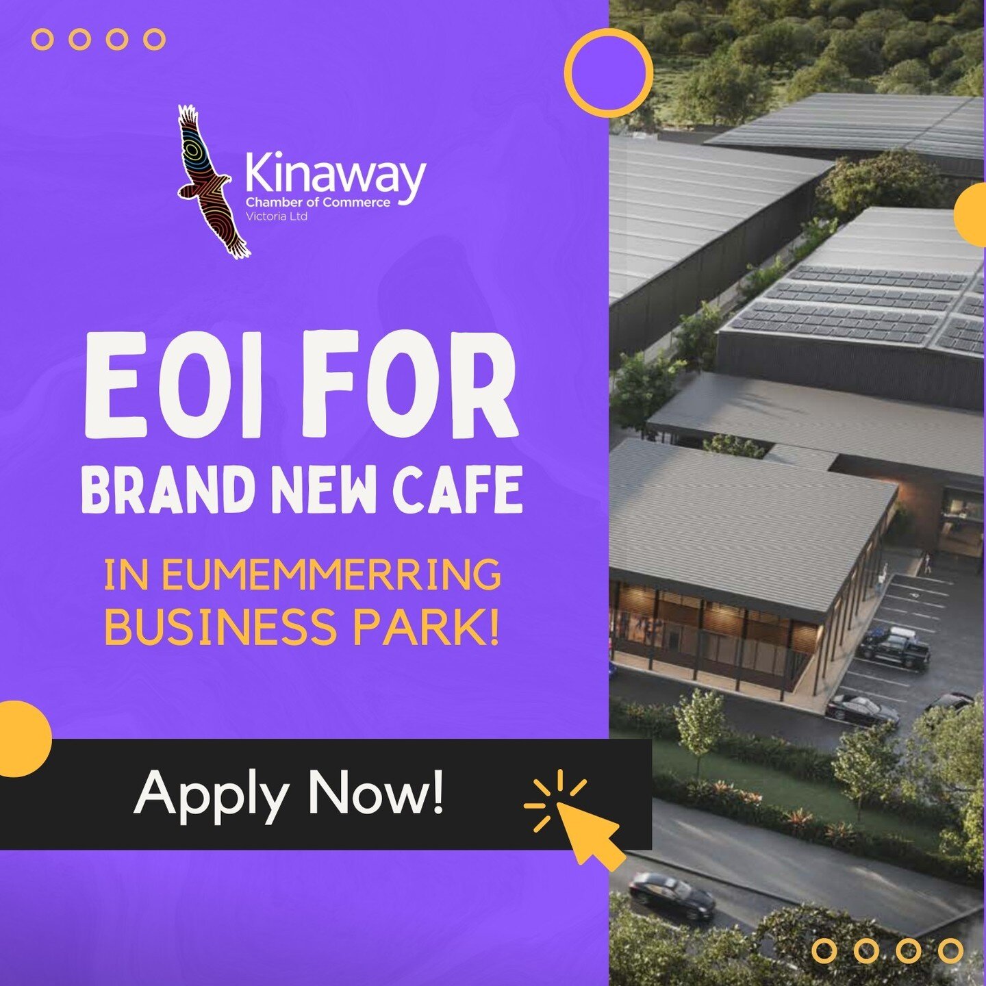 On behalf of the Goodman Group, Kinaway Chamber of Commerce is seeking expressions of interest for a First Nations caterer/caf&eacute; operator/social enterprise to operate the exclusive onsite caf&eacute; at Eumemmerring Business Park located in Dan