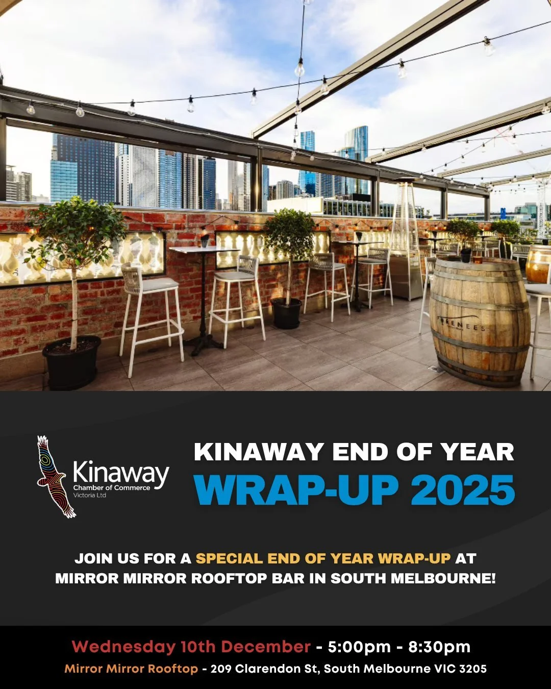 End of Year Wrap-Up 2025 - Mirror Mirror Rooftop Lounge!

Date: December 10th, 2025
Time: 5:00 PM - 8:30 PM
Location: Mirror Mirror Rooftop, 209 Clarendon St, South Melbourne VIC 3205
Cost: $15 per person &ndash; includes a drink on arrival and finge
