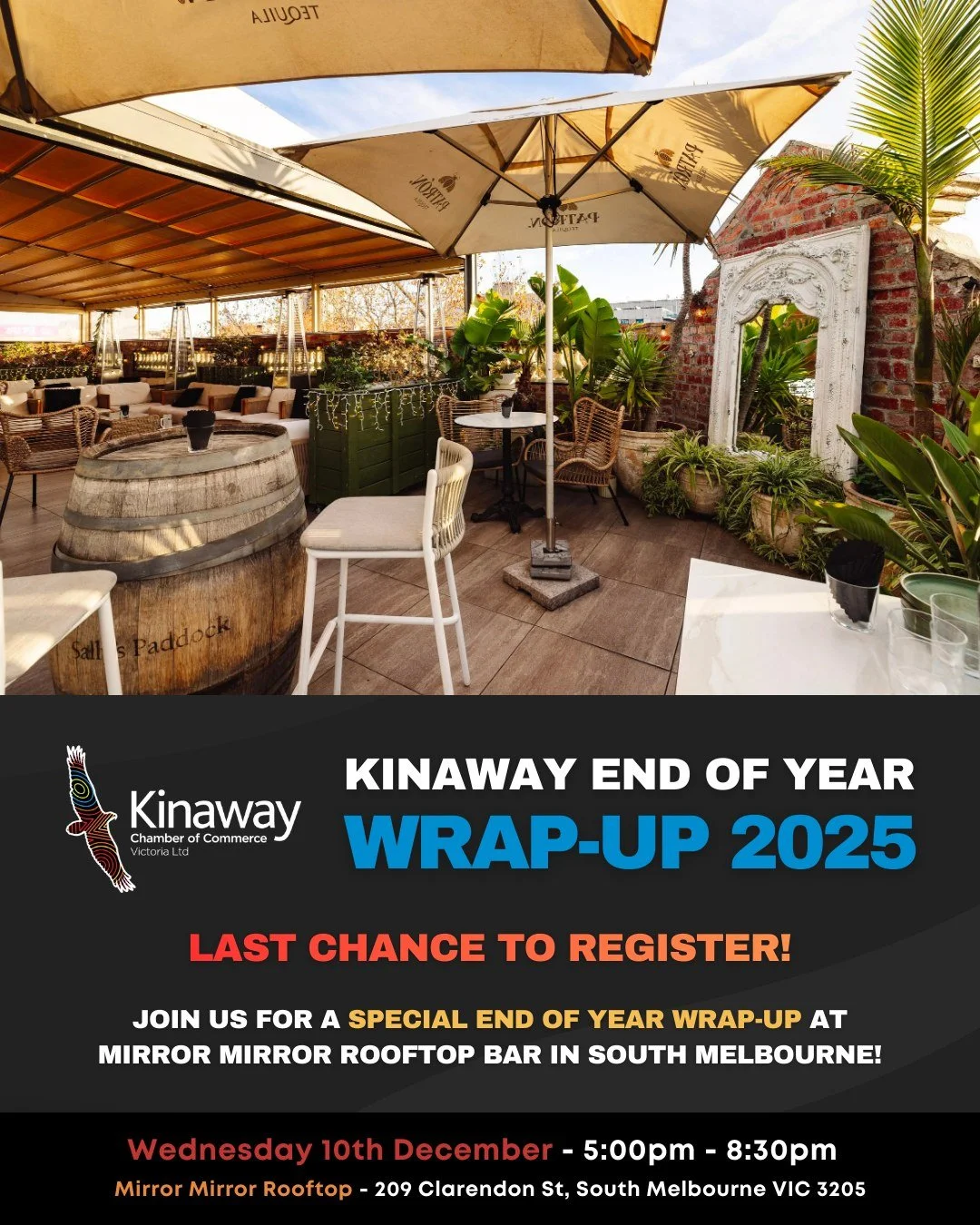 End of Year Wrap-Up 2025 - Mirror Mirror Rooftop Lounge!

LAST CHANCE TO REGISTER!

Date: December 10th, 2025
Time: 5:00 PM - 8:30 PM
Location: Mirror Mirror Rooftop, 209 Clarendon St, South Melbourne VIC 3205
Cost: $15 per person &ndash; includes a 