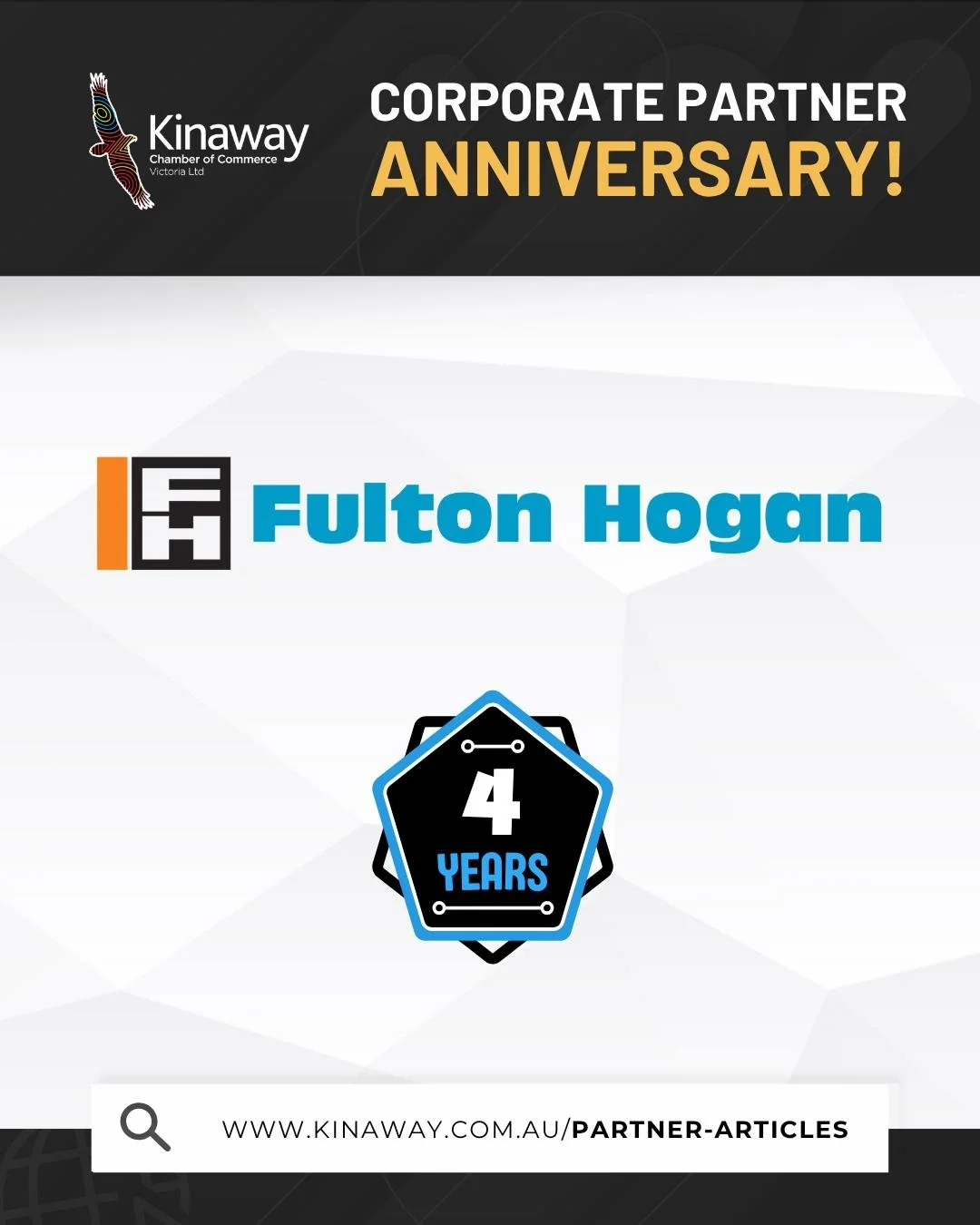 Fulton Hogan&rsquo;s 4 Year Corporate Partner Anniversary!

"We are proud members of Kinaway, and see our partnership as an enduring, trusting relationship, that has supported us in delivering on our purpose of creating, connecting, and caring f