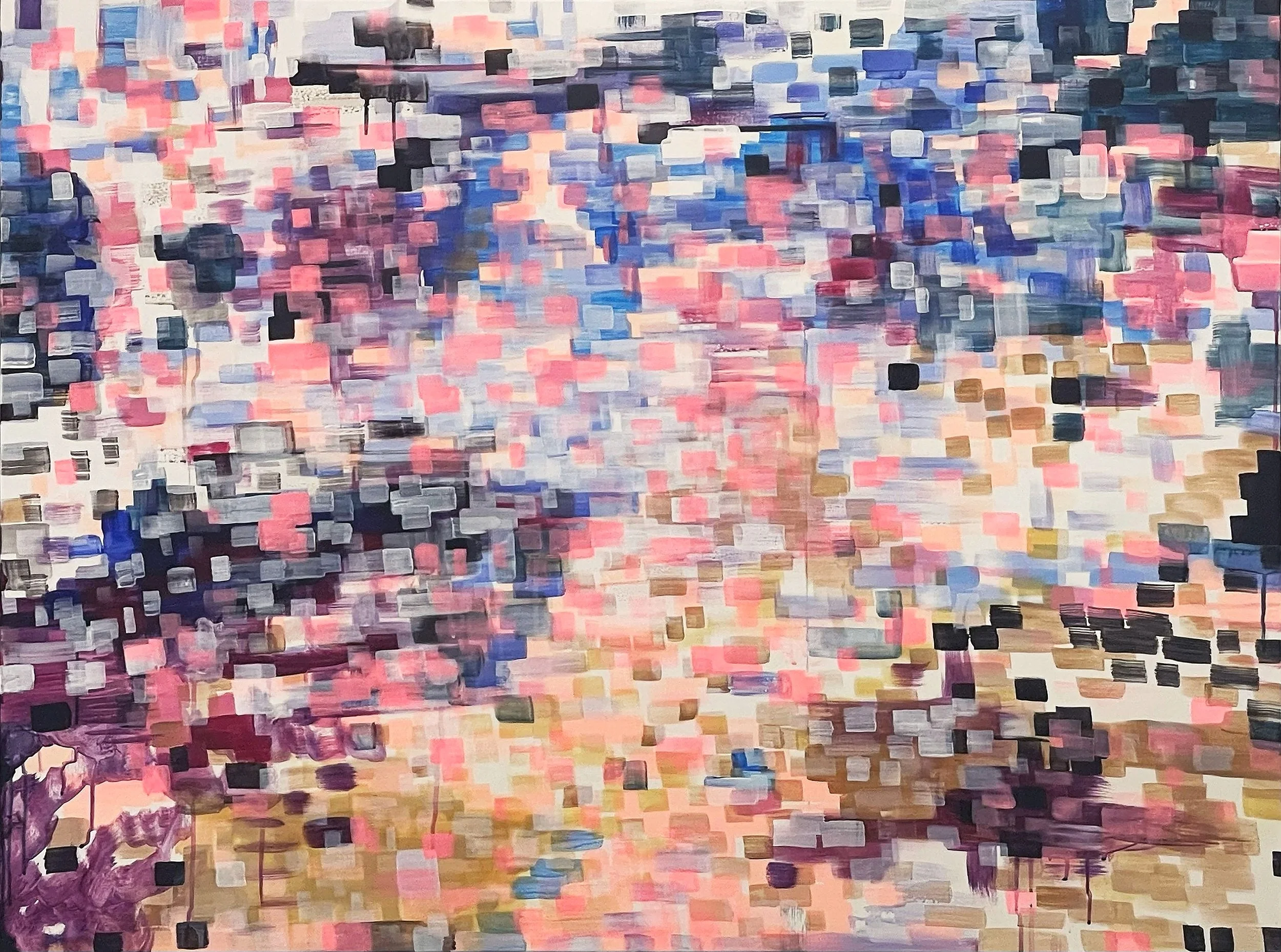 Abstract painting with short rectangular brushstrokes in pink, blue, purple, white, black, tan, and gold colors, resembling a slightly curved inward abstraction of TV static, made using solely flat brushes.