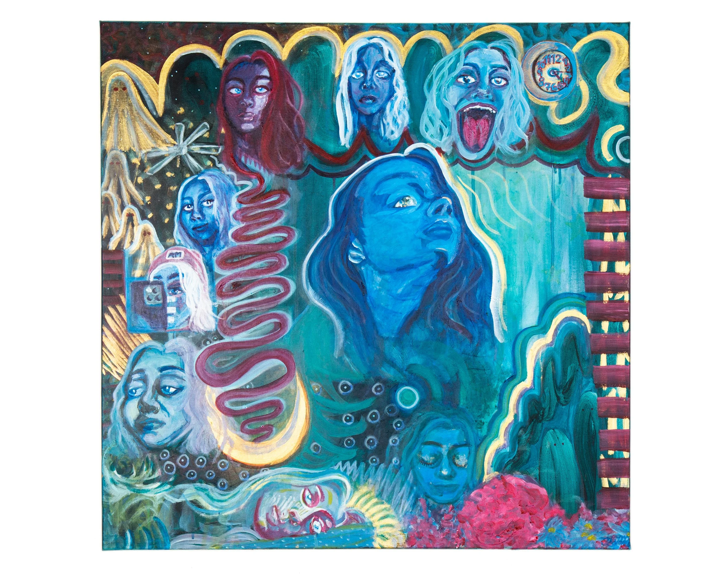 A colorful abstract painting featuring multiple stylized faces with various expressions, including sadness, happiness, and surprise, set against a vivid background with swirling patterns, mountains, and a clock.