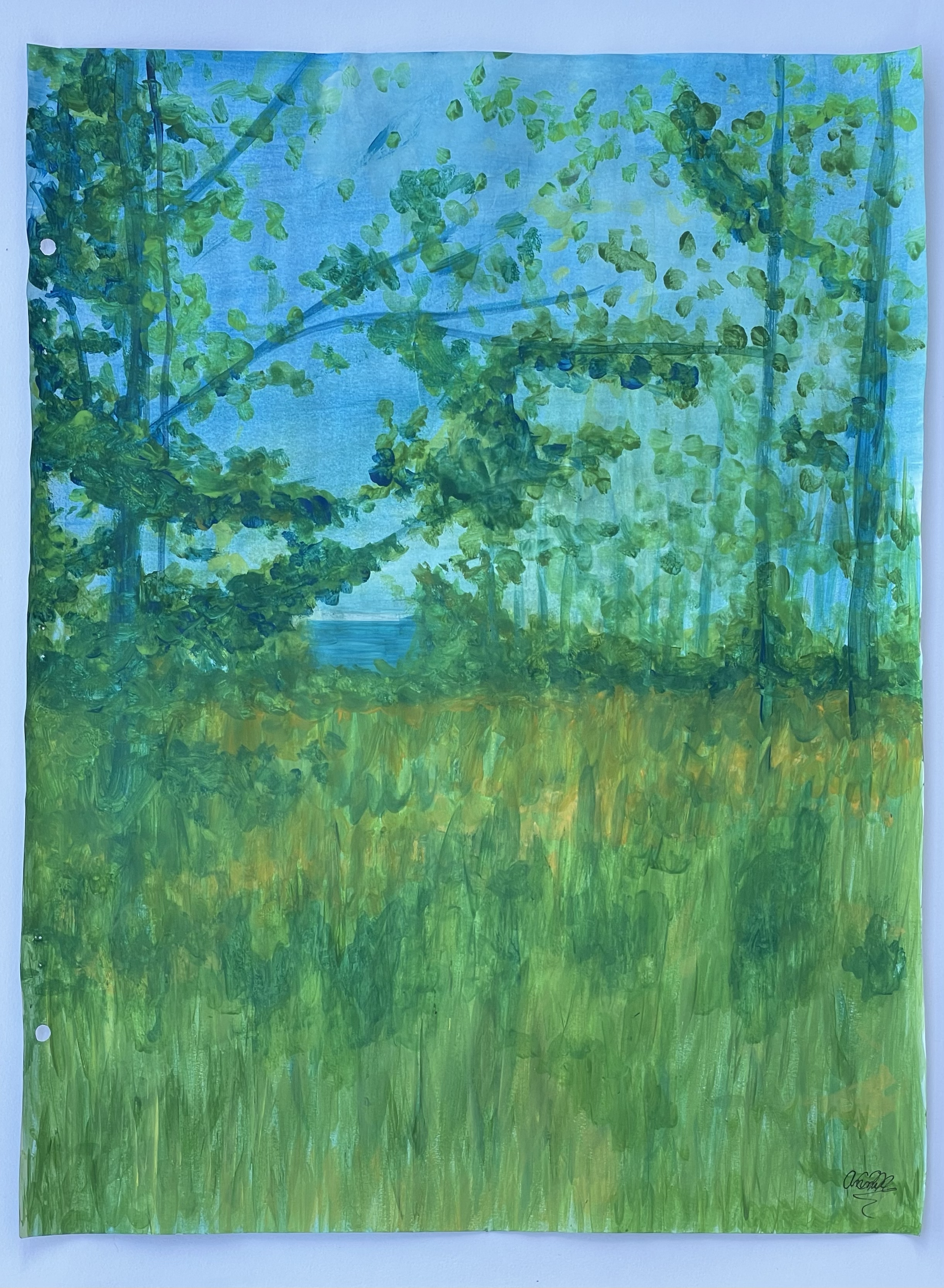 A landscape painting of a lush green landscape with trees, grass, and a blue sky with some clouds.