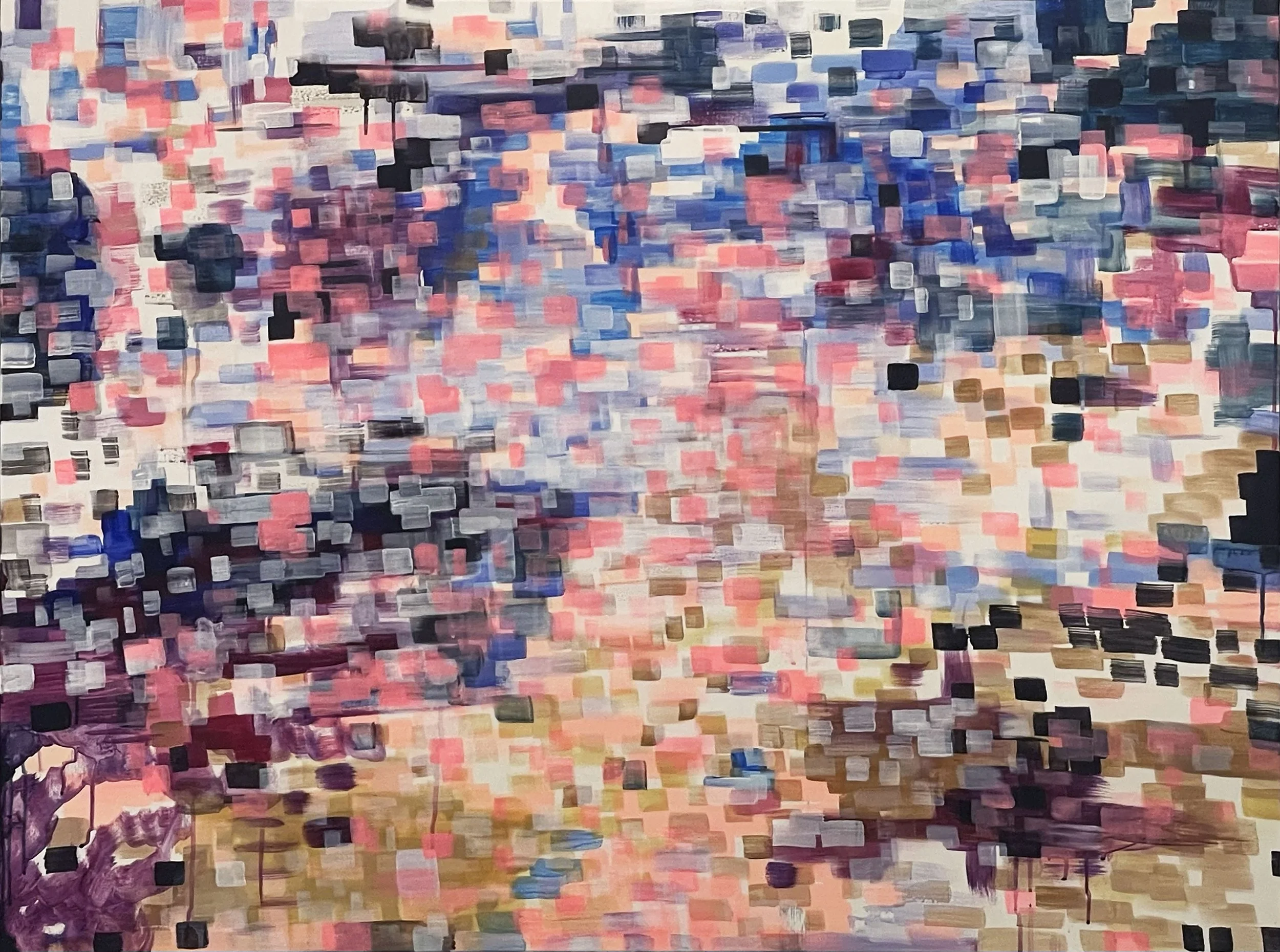 Abstract painting with a mix of pink, blue, purple, black, white, and beige rectangles creating a pixelated effect.
