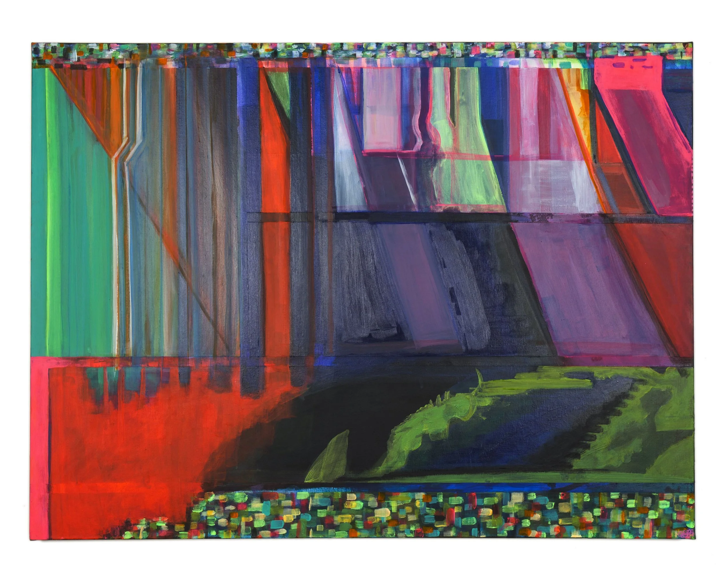 Abstract painting with vibrant colors including green, red, purple, blue, and pink, featuring geometric shapes and vertical and horizontal lines, with a pattern of colorful squares along the top and bottom edges.