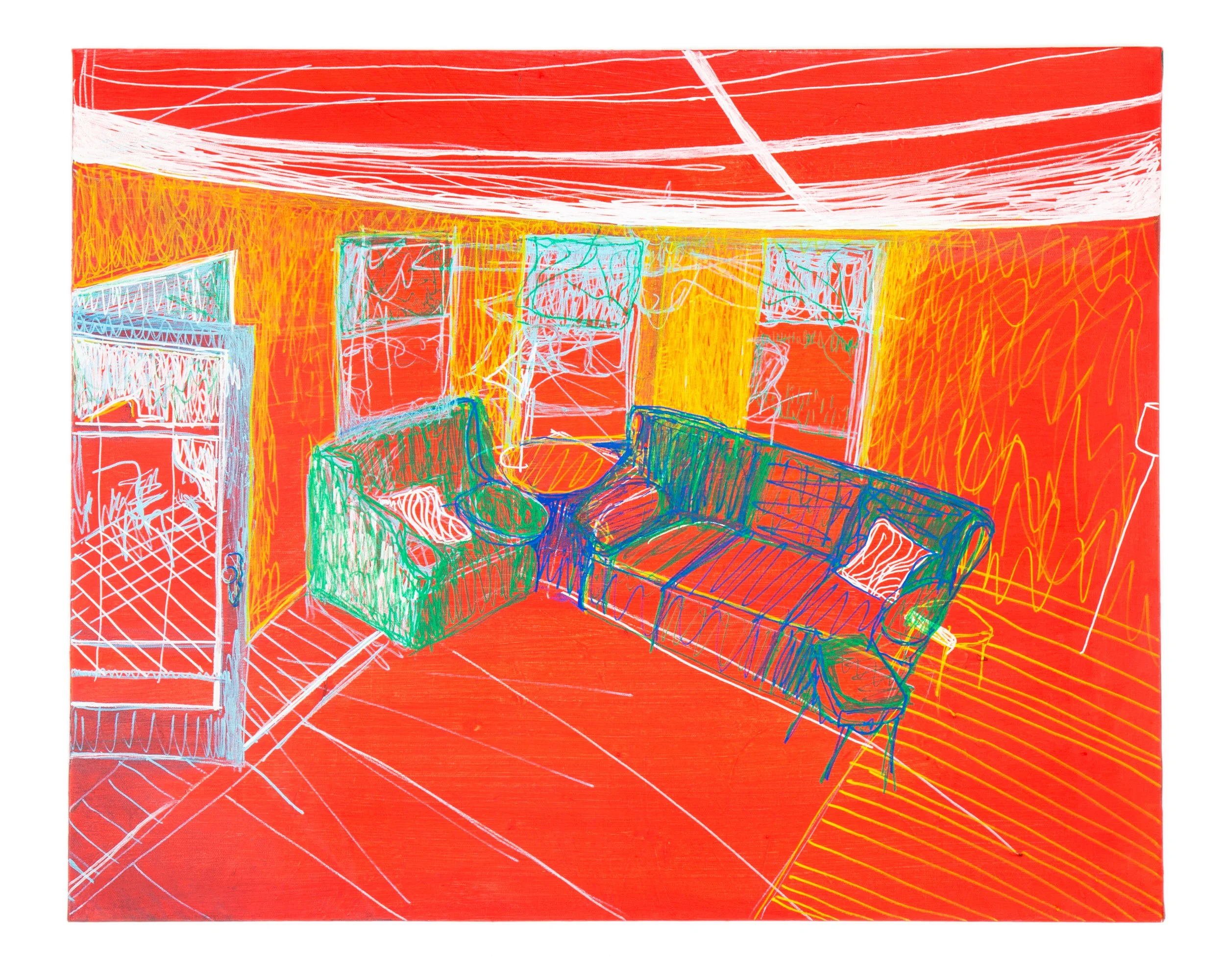 Colorful sketch of a living room with two sofas, a round table, and windows, on a red background with various lines and shapes.
