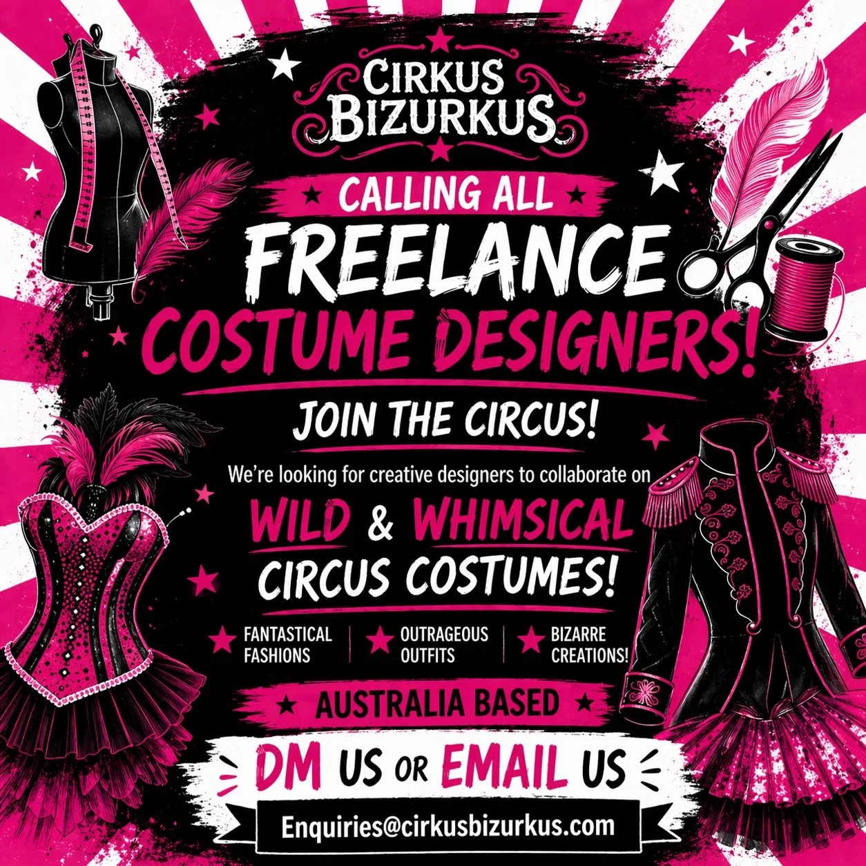 🎪 CALLING ALL COSTUME DESIGNERS 🎪

We&rsquo;re gearing up for major upcoming projects + end-of-year events &mdash; and we want bold creatives on board.

Think: wild, whimsical, stage-ready ✨

Australia-based freelancers only 🇦🇺
📩 DM us or email 